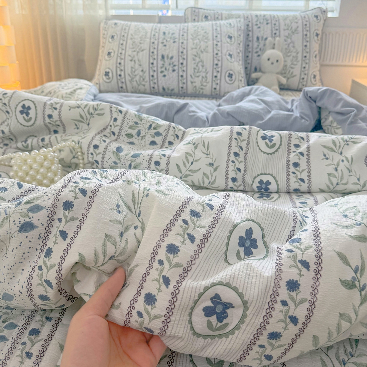 91家纺网 家纺一手货源 找家纺 悠米悠家 2026春夏新款木棉双层纱单夏被夏凉被空调被床盖四件套 青屿花园