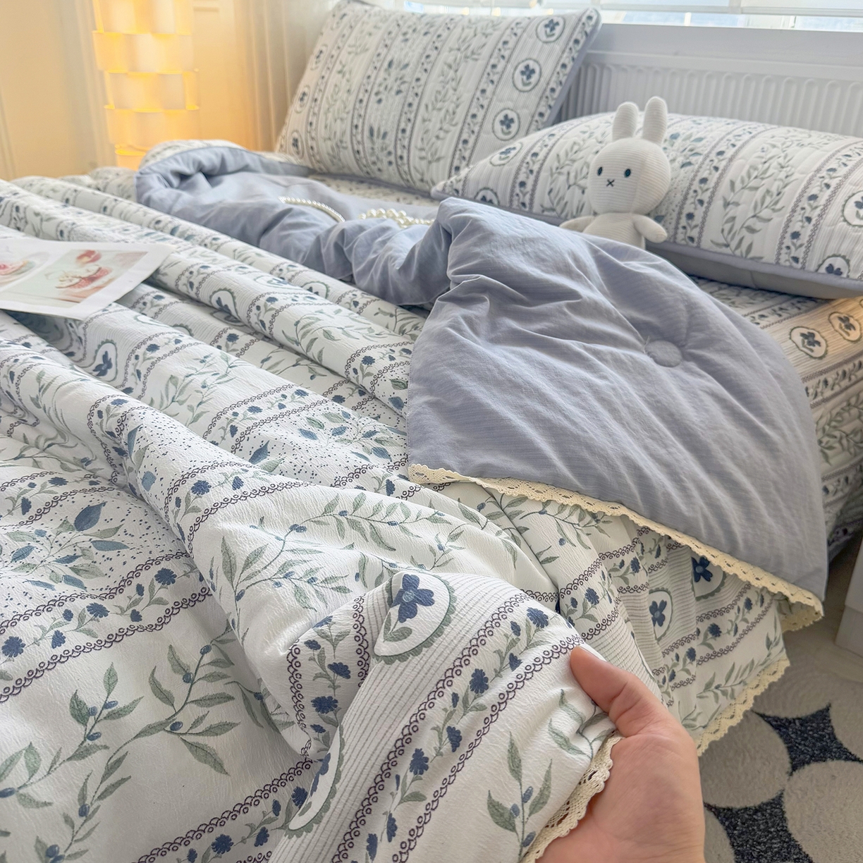 91家纺网 家纺一手货源 找家纺 悠米悠家 2026春夏新款木棉双层纱单夏被夏凉被空调被床盖四件套 青屿花园
