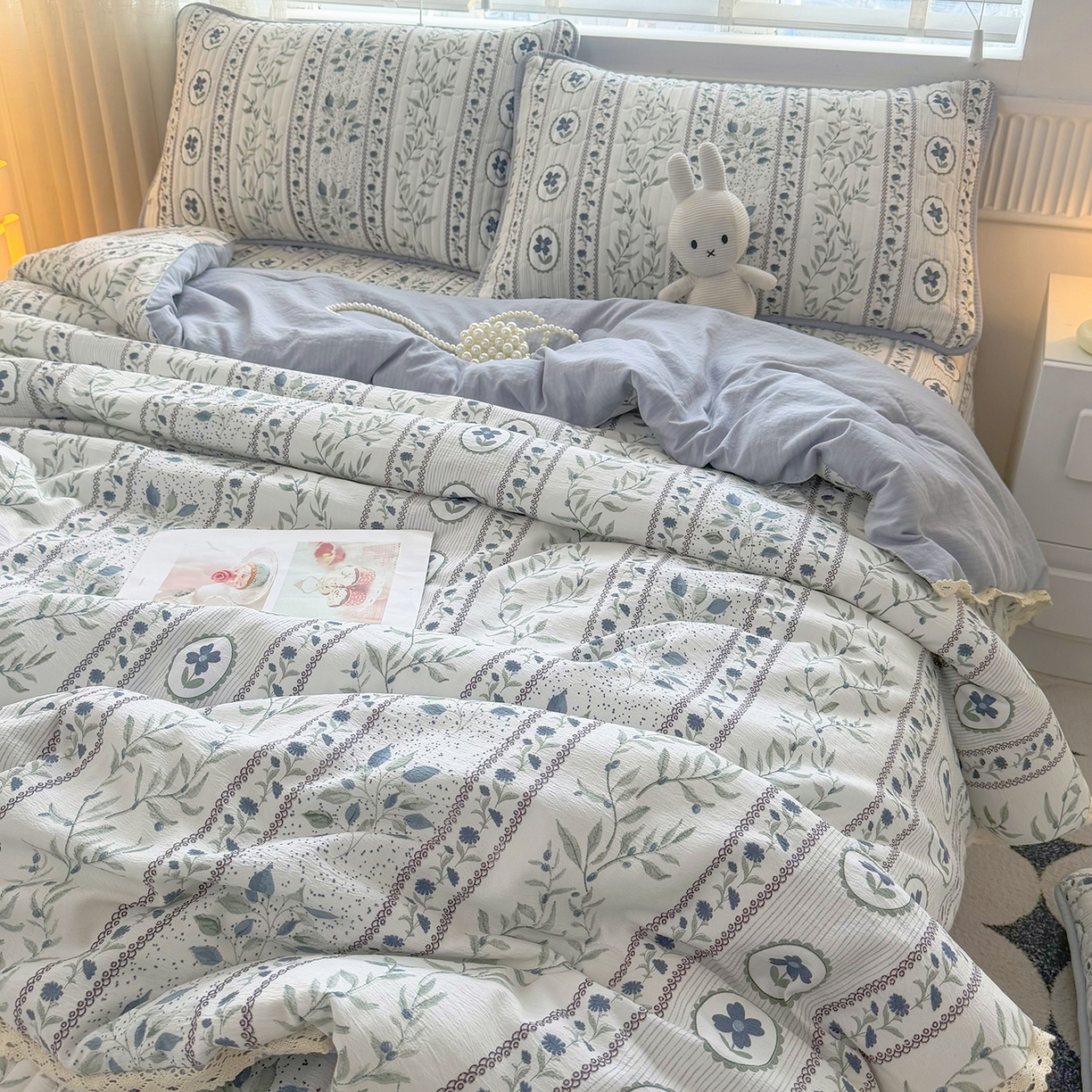 91家纺网 家纺一手货源 找家纺 悠米悠家 2026春夏新款木棉双层纱单夏被夏凉被空调被床盖四件套 青屿花园