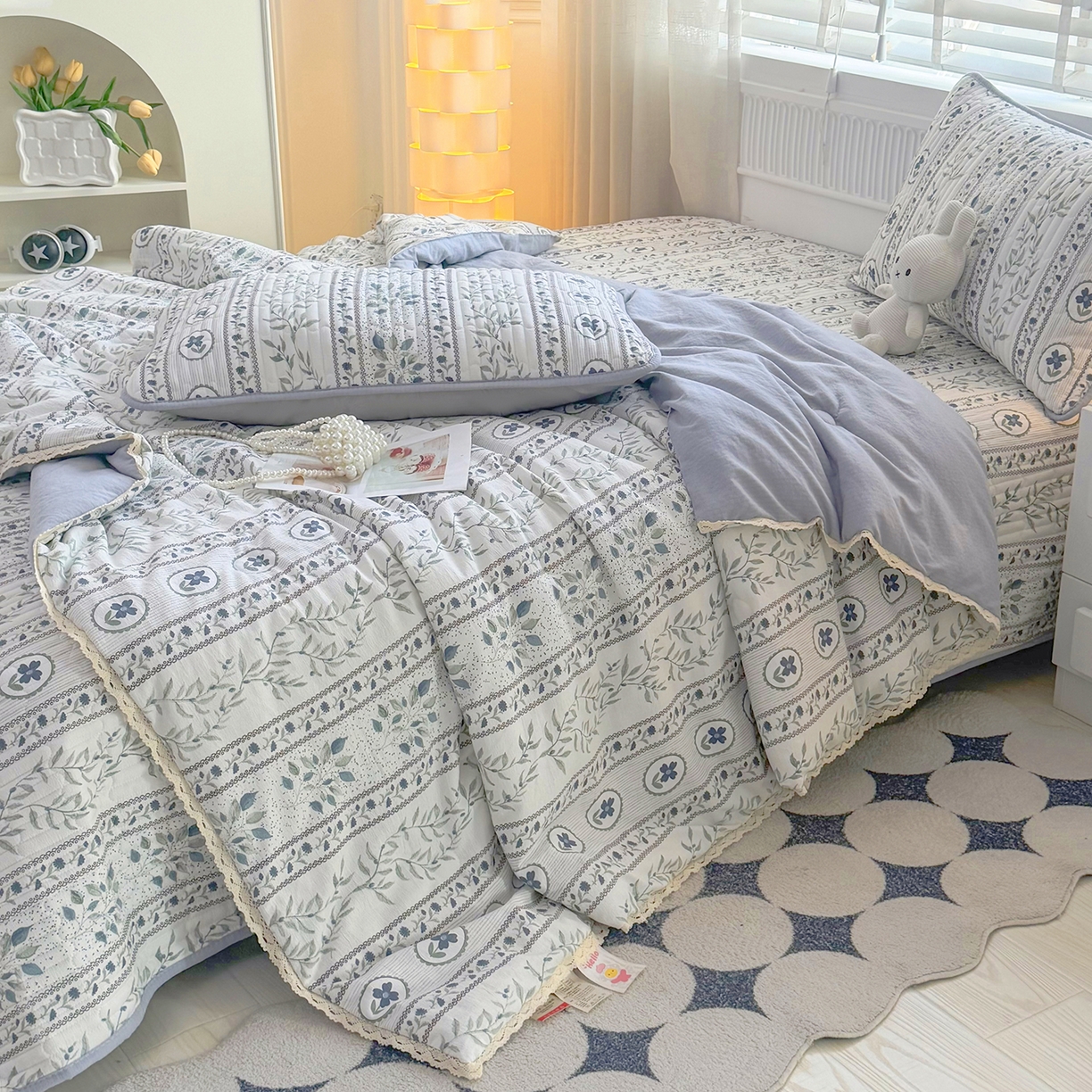 91家纺网 家纺一手货源 找家纺 悠米悠家 2026春夏新款木棉双层纱单夏被夏凉被空调被床盖四件套 青屿花园