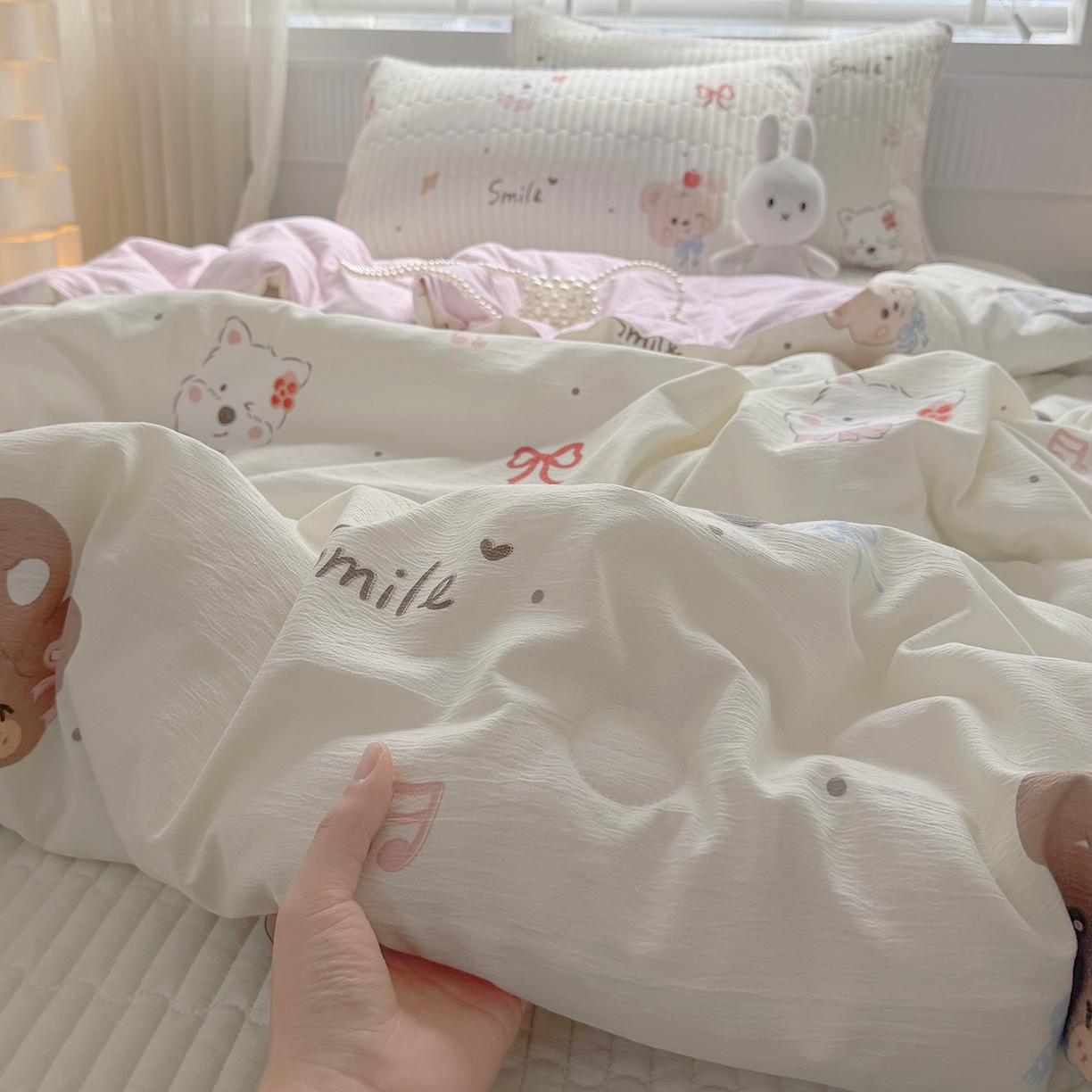91家纺网 家纺一手货源 找家纺 悠米悠家 2026春夏新款木棉双层纱单夏被夏凉被空调被床盖四件套 萌趣派对