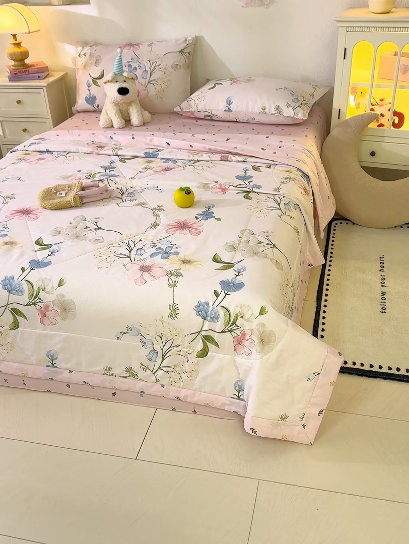 91家纺网 家纺一手货源 找家纺 丫丫家纺 2026新全棉印花夏被空调被双人薄被子单人学生夏凉被  梦见花园-米