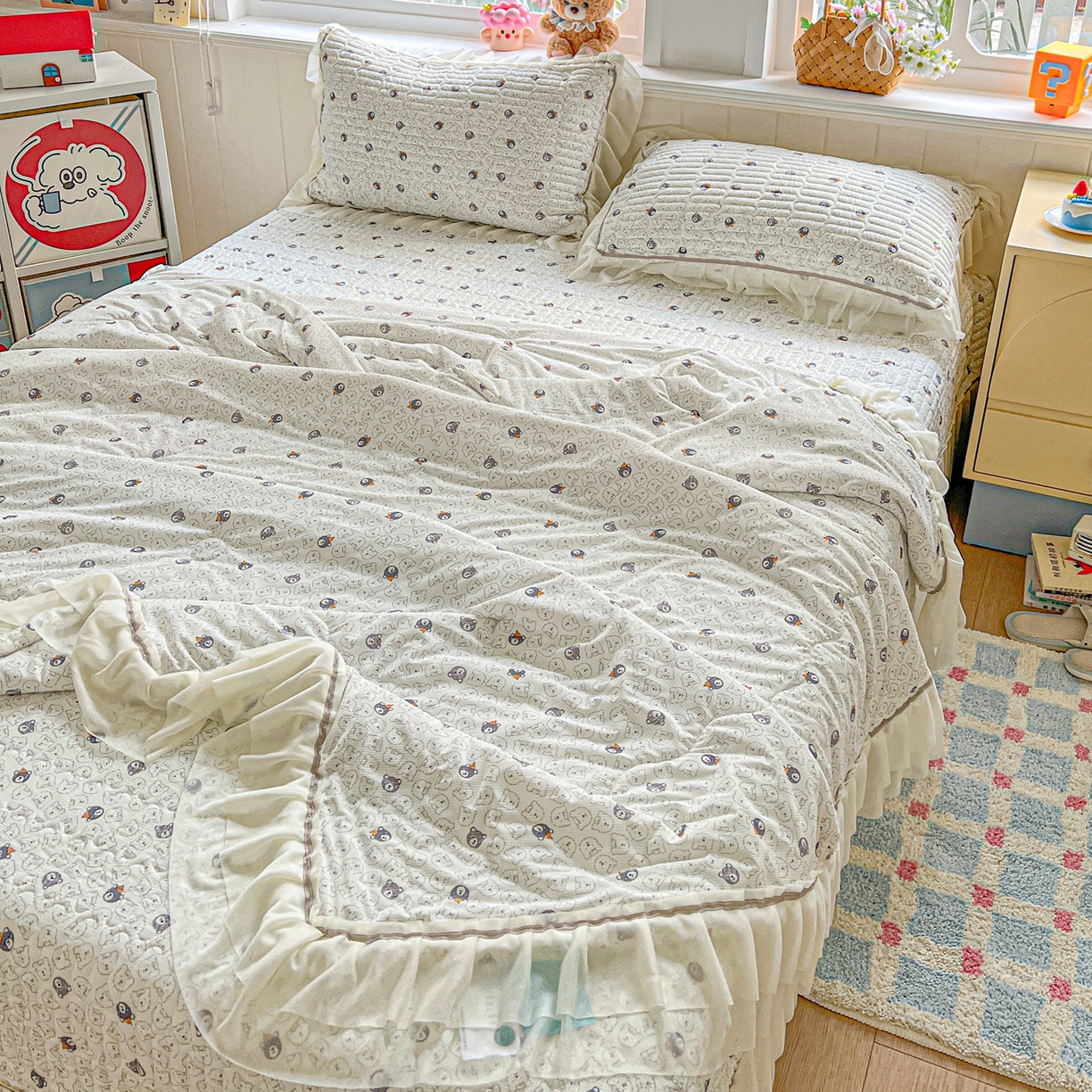 91家纺网 家纺一手货源 找家纺 富米莱（原臻工厂） 2026新款高奢维密花边冰肤格凉感夏凉被床盖夏被四件套 夏被床盖-萌宠集