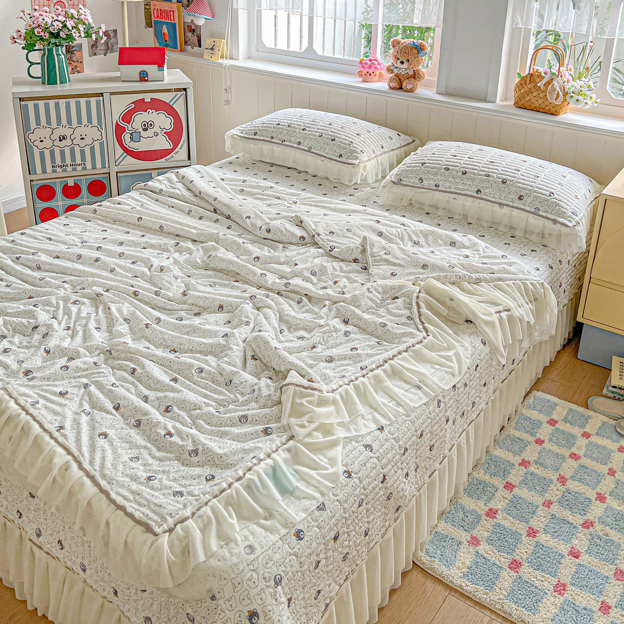 91家纺网 家纺一手货源 找家纺 富米莱（原臻工厂） 2026新款高奢维密花边冰肤格凉感夏凉被床盖夏被四件套 夏被床盖-萌宠集