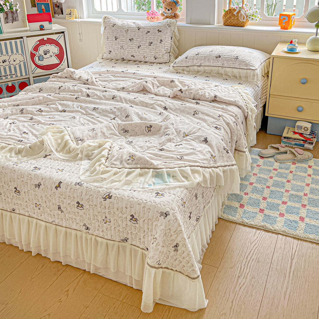 91家纺网 家纺一手货源 找家纺 富米莱（原臻工厂） 2026新款高奢维密花边冰肤格凉感夏凉被床盖夏被四件套 夏被床盖-萌马聚财