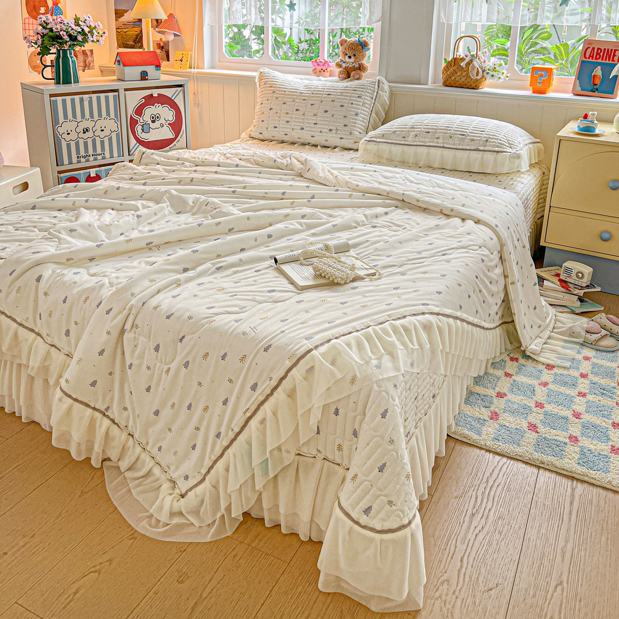 91家纺网 家纺一手货源 找家纺 富米莱（原臻工厂） 2026新款高奢维密花边冰肤格凉感夏凉被床盖夏被四件套 夏被床盖-梦幻森林