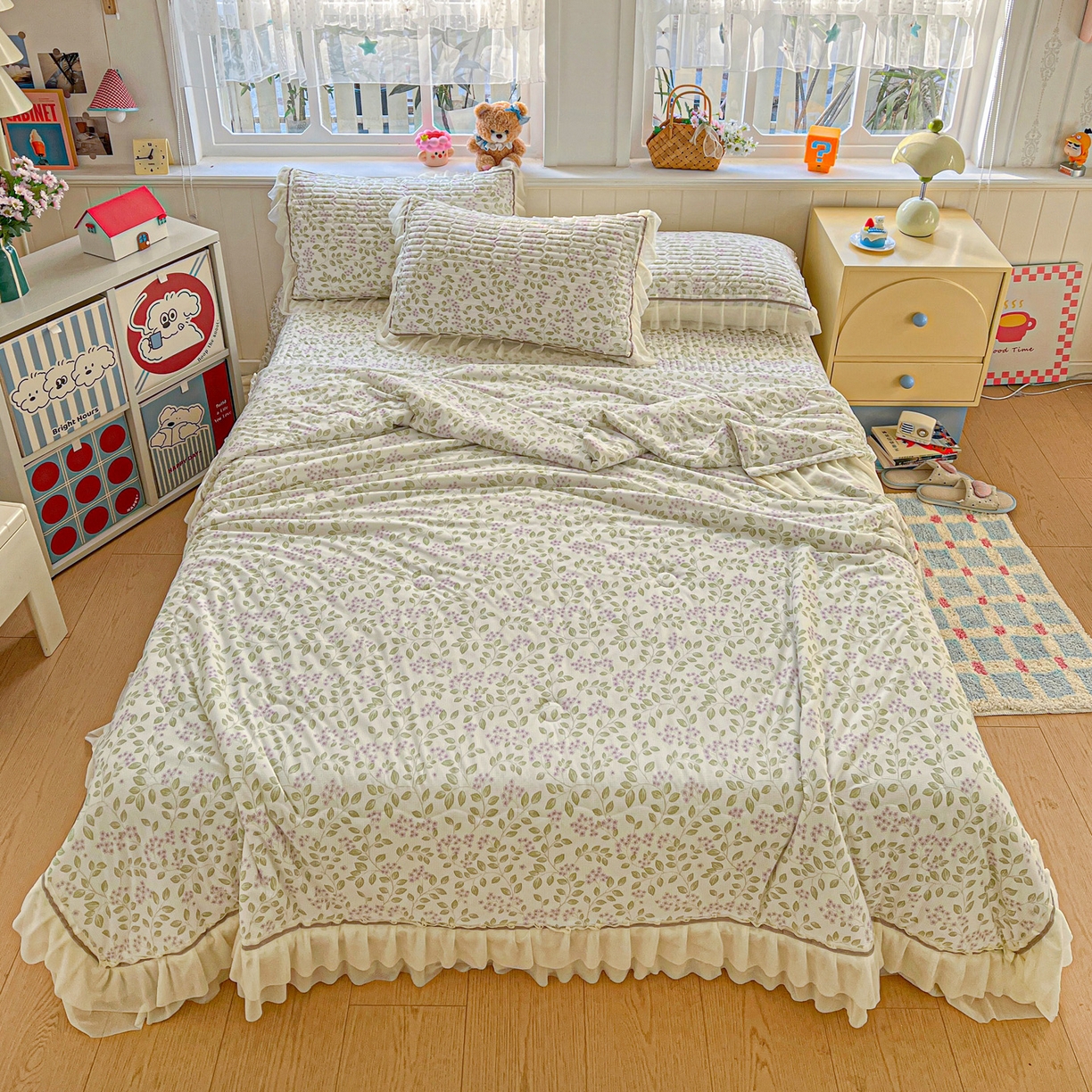 91家纺网 家纺一手货源 找家纺 富米莱（原臻工厂） 2026新款高奢维密花边冰肤格凉感夏凉被床盖夏被四件套 夏被床盖-青枝纳福