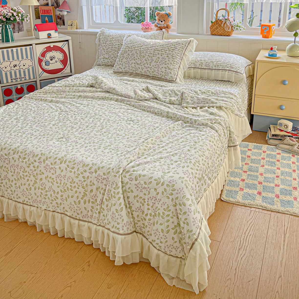 91家纺网 家纺一手货源 找家纺 富米莱（原臻工厂） 2026新款高奢维密花边冰肤格凉感夏凉被床盖夏被四件套 夏被床盖-青枝纳福