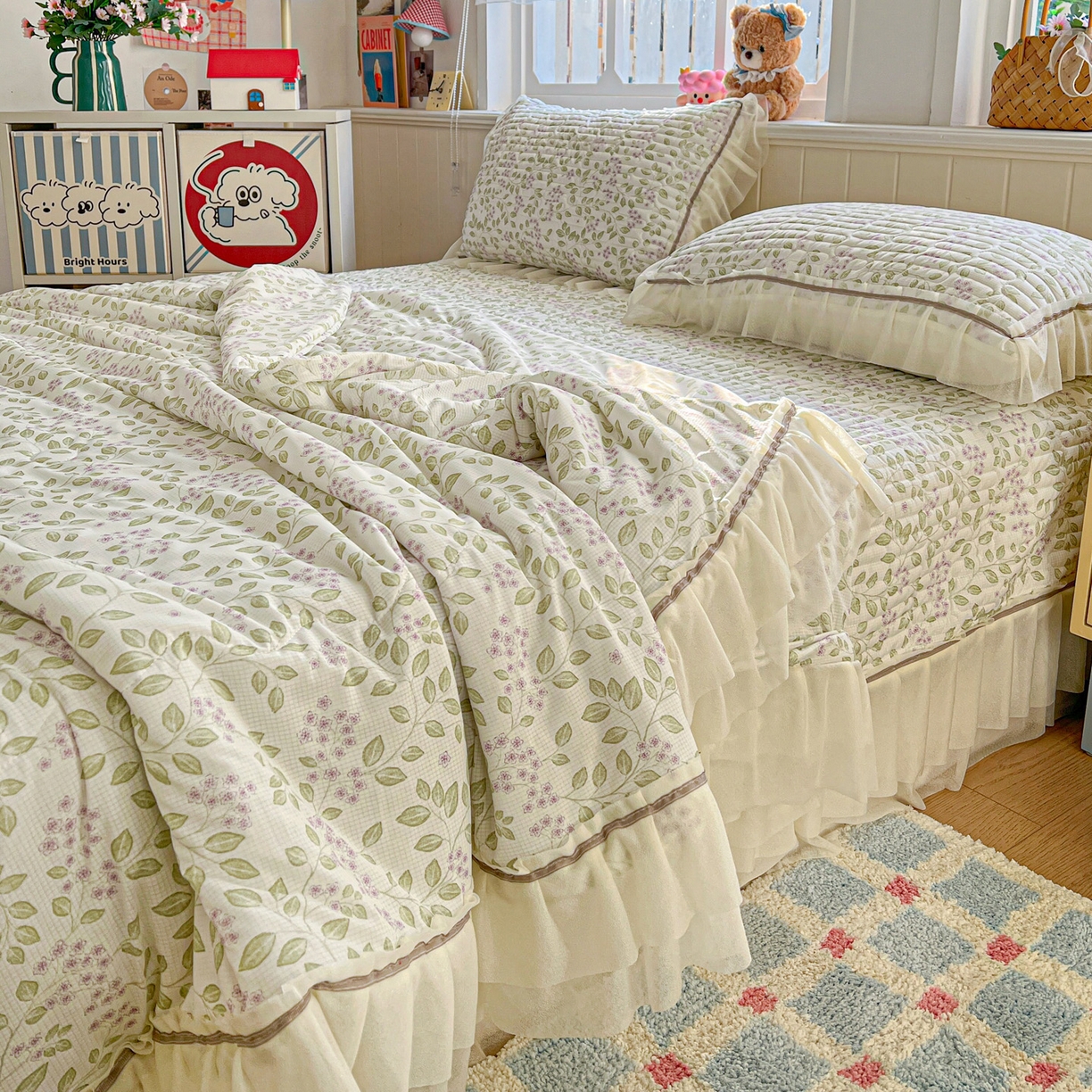 91家纺网 家纺一手货源 找家纺 富米莱（原臻工厂） 2026新款高奢维密花边冰肤格凉感夏凉被床盖夏被四件套 夏被床盖-青枝纳福