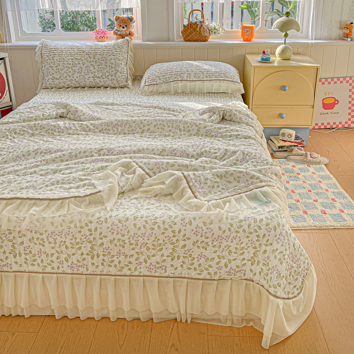 91家纺网 家纺一手货源 找家纺 富米莱（原臻工厂） 2026新款高奢维密花边冰肤格凉感夏凉被床盖夏被四件套 夏被床盖-青枝纳福