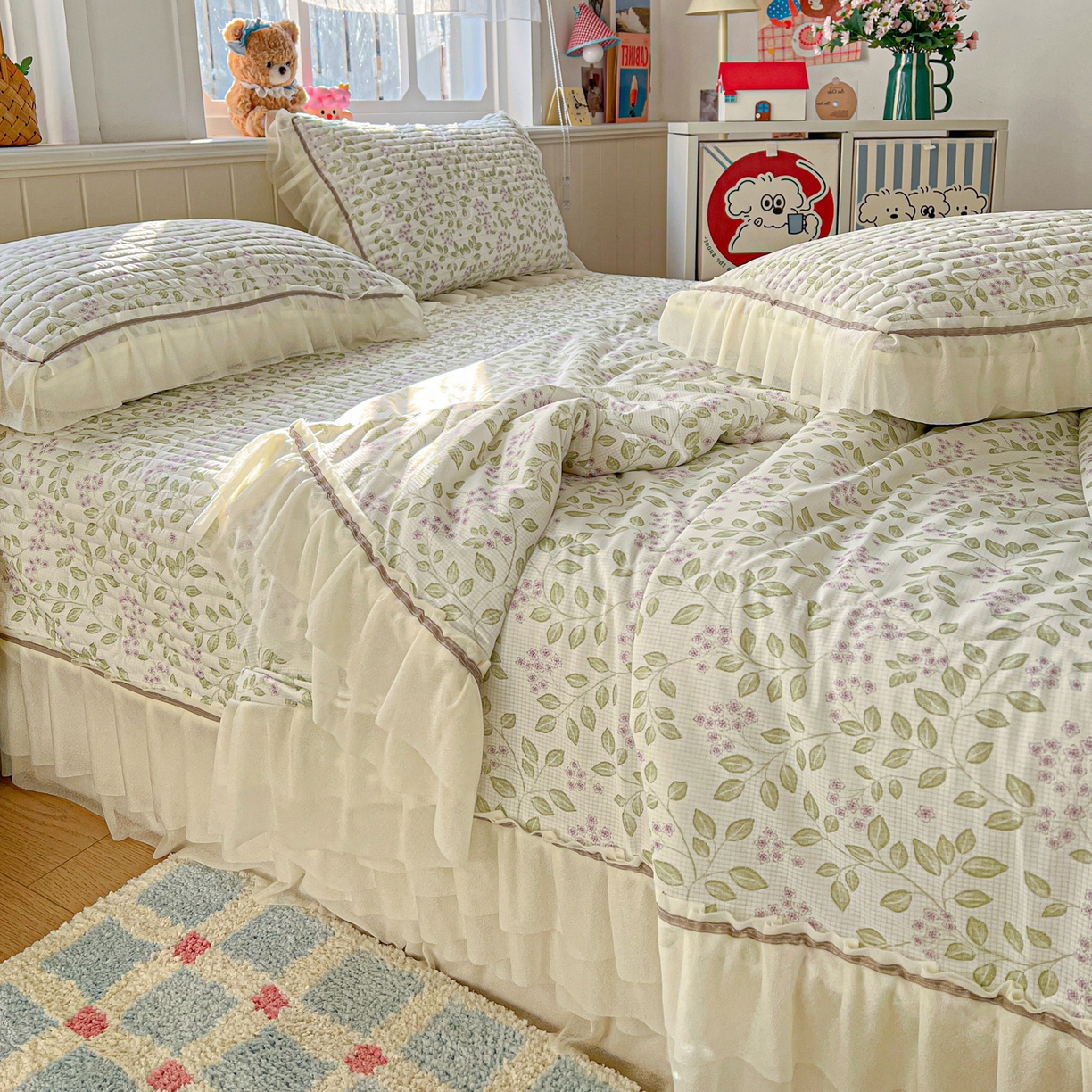 91家纺网 家纺一手货源 找家纺 富米莱（原臻工厂） 2026新款高奢维密花边冰肤格凉感夏凉被床盖夏被四件套 夏被床盖-青枝纳福