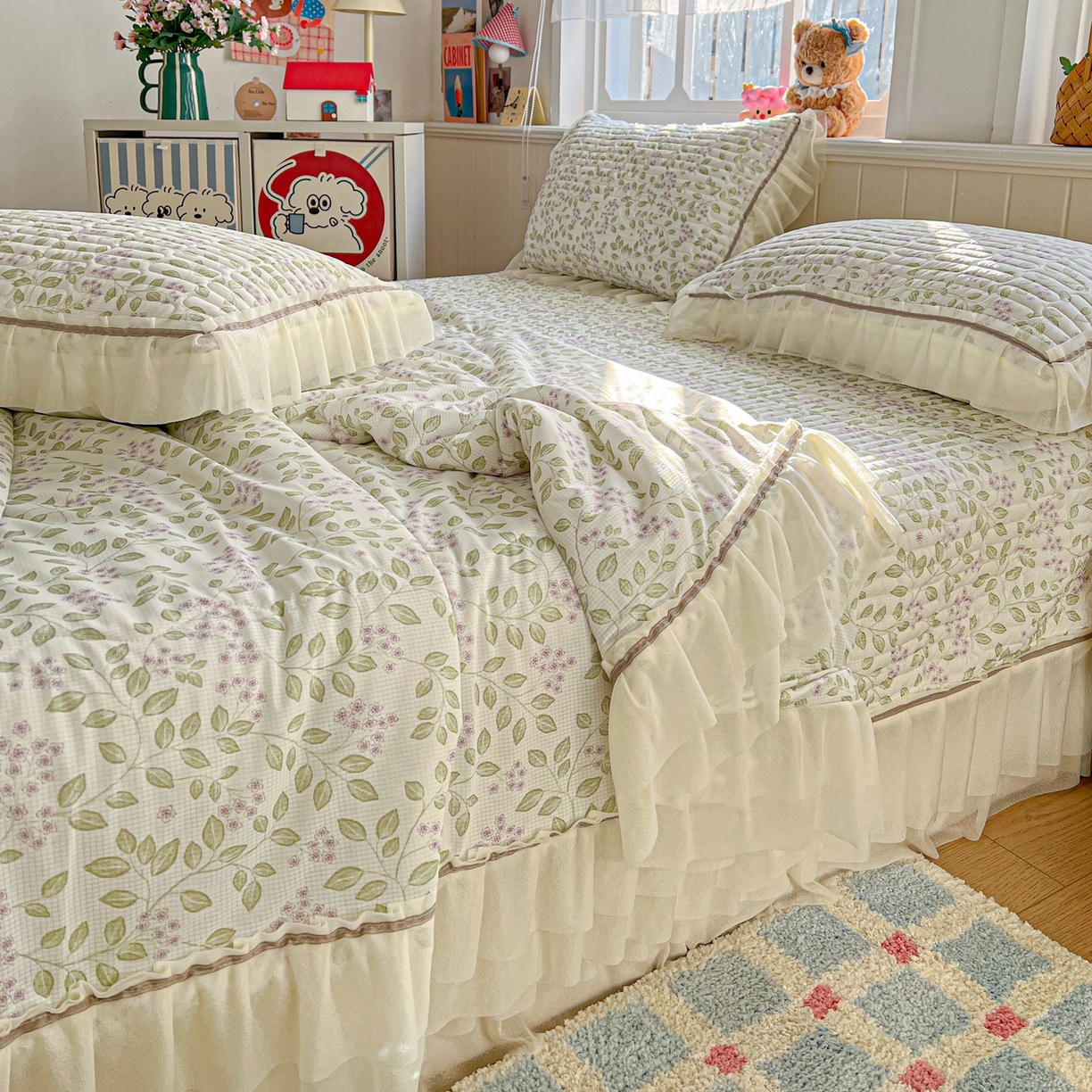 91家纺网 家纺一手货源 找家纺 富米莱（原臻工厂） 2026新款高奢维密花边冰肤格凉感夏凉被床盖夏被四件套 夏被床盖-青枝纳福