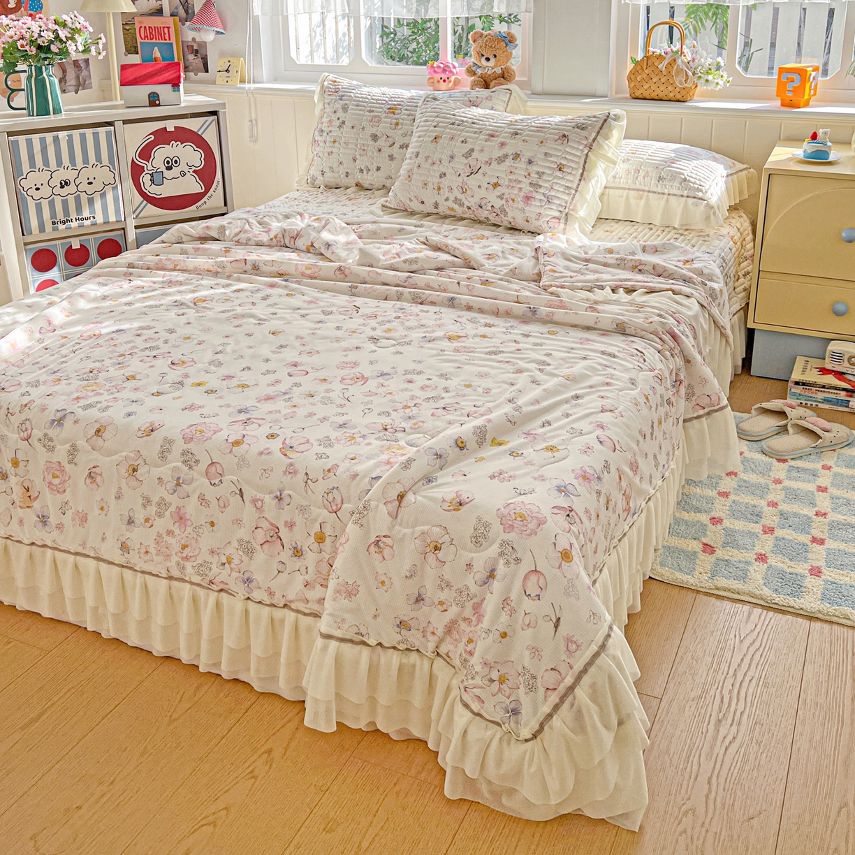 91家纺网 家纺一手货源 找家纺 富米莱（原臻工厂） 2026新款高奢维密花边冰肤格凉感夏凉被床盖夏被四件套 夏被床盖-清欢花屿