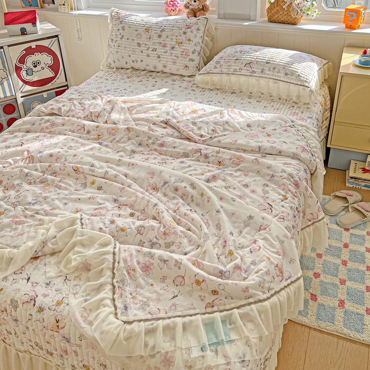 91家纺网 家纺一手货源 找家纺 富米莱（原臻工厂） 2026新款高奢维密花边冰肤格凉感夏凉被床盖夏被四件套 夏被床盖-清欢花屿