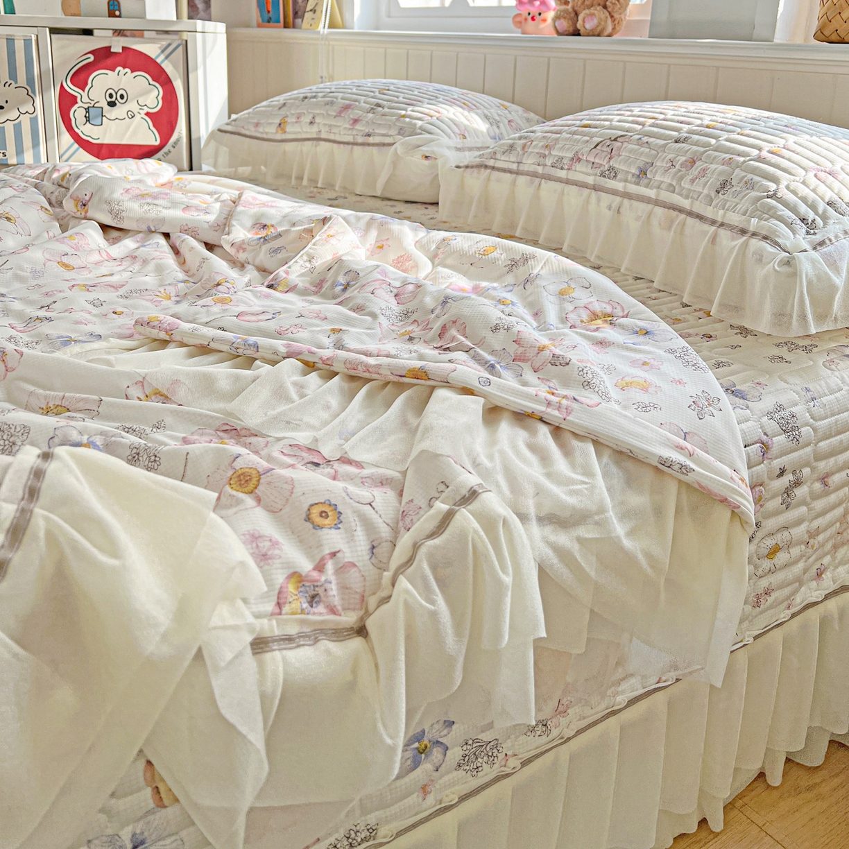 91家纺网 家纺一手货源 找家纺 富米莱（原臻工厂） 2026新款高奢维密花边冰肤格凉感夏凉被床盖夏被四件套 夏被床盖-清欢花屿