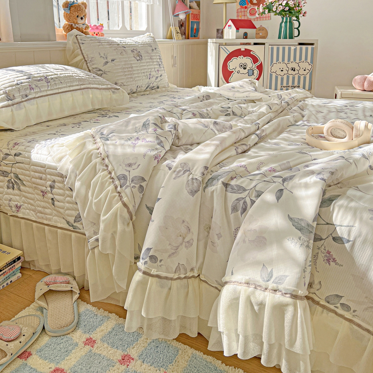 91家纺网 家纺一手货源 找家纺 富米莱（原臻工厂） 2026新款高奢维密花边冰肤格凉感夏凉被床盖夏被四件套 夏被床盖-水墨江南