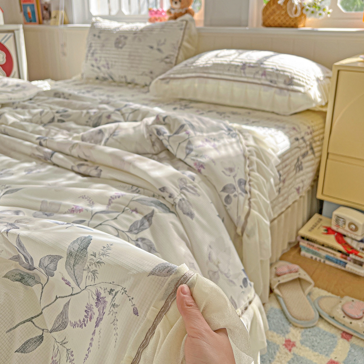 91家纺网 家纺一手货源 找家纺 富米莱（原臻工厂） 2026新款高奢维密花边冰肤格凉感夏凉被床盖夏被四件套 夏被床盖-水墨江南