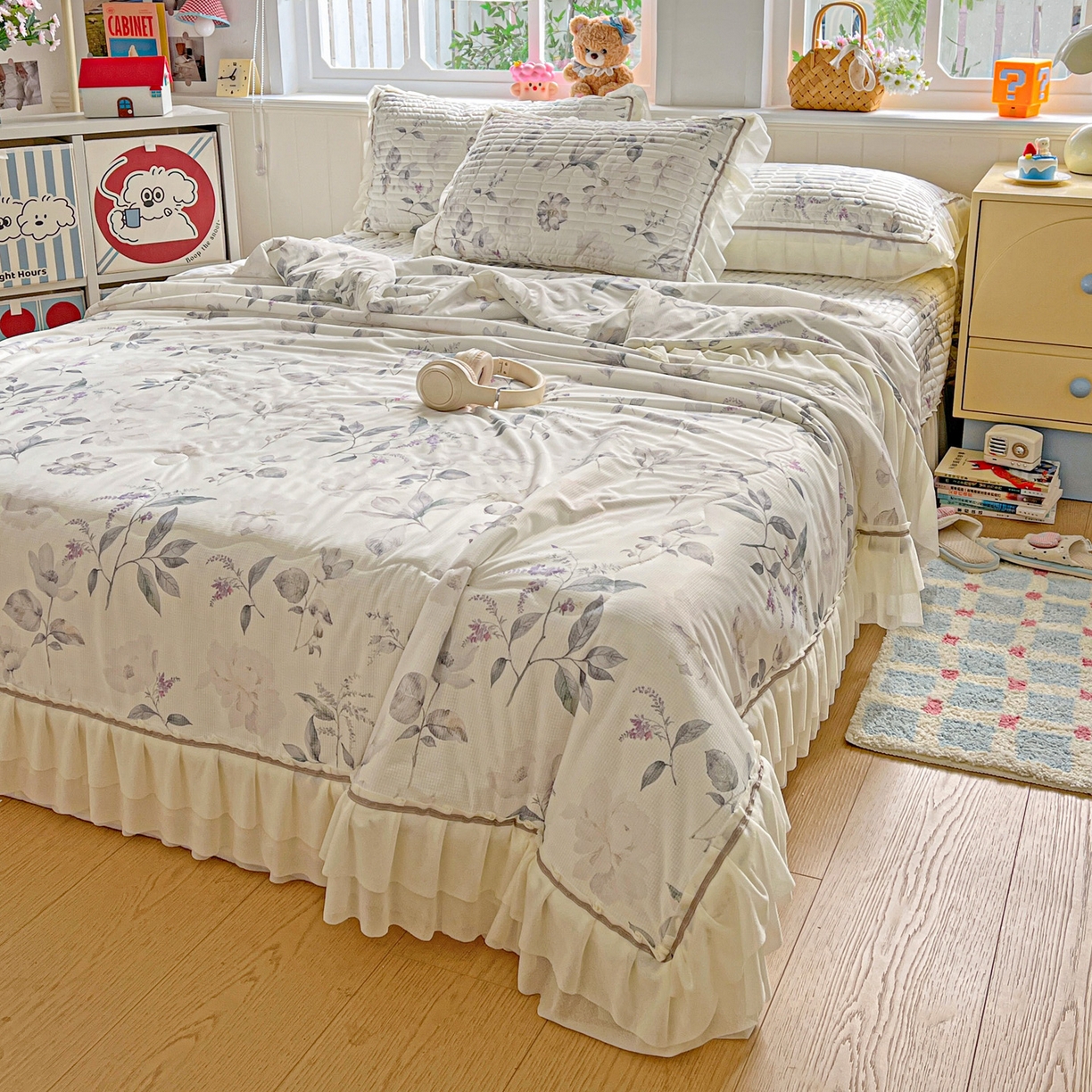 91家纺网 家纺一手货源 找家纺 富米莱（原臻工厂） 2026新款高奢维密花边冰肤格凉感夏凉被床盖夏被四件套 夏被床盖-水墨江南