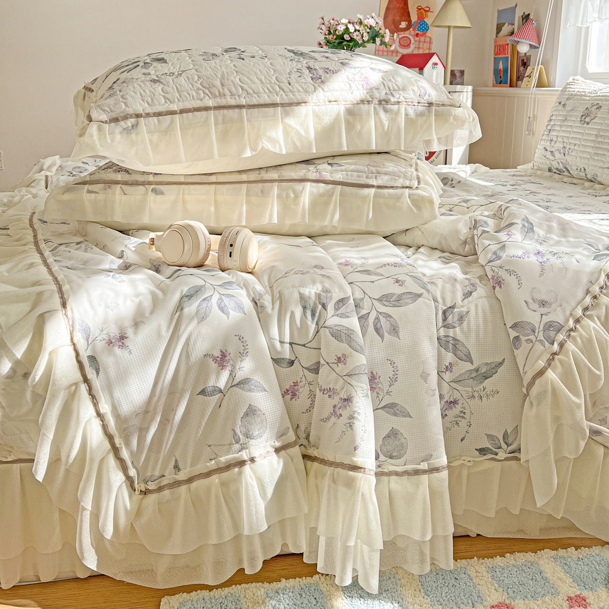 91家纺网 家纺一手货源 找家纺 富米莱（原臻工厂） 2026新款高奢维密花边冰肤格凉感夏凉被床盖夏被四件套 夏被床盖-水墨江南