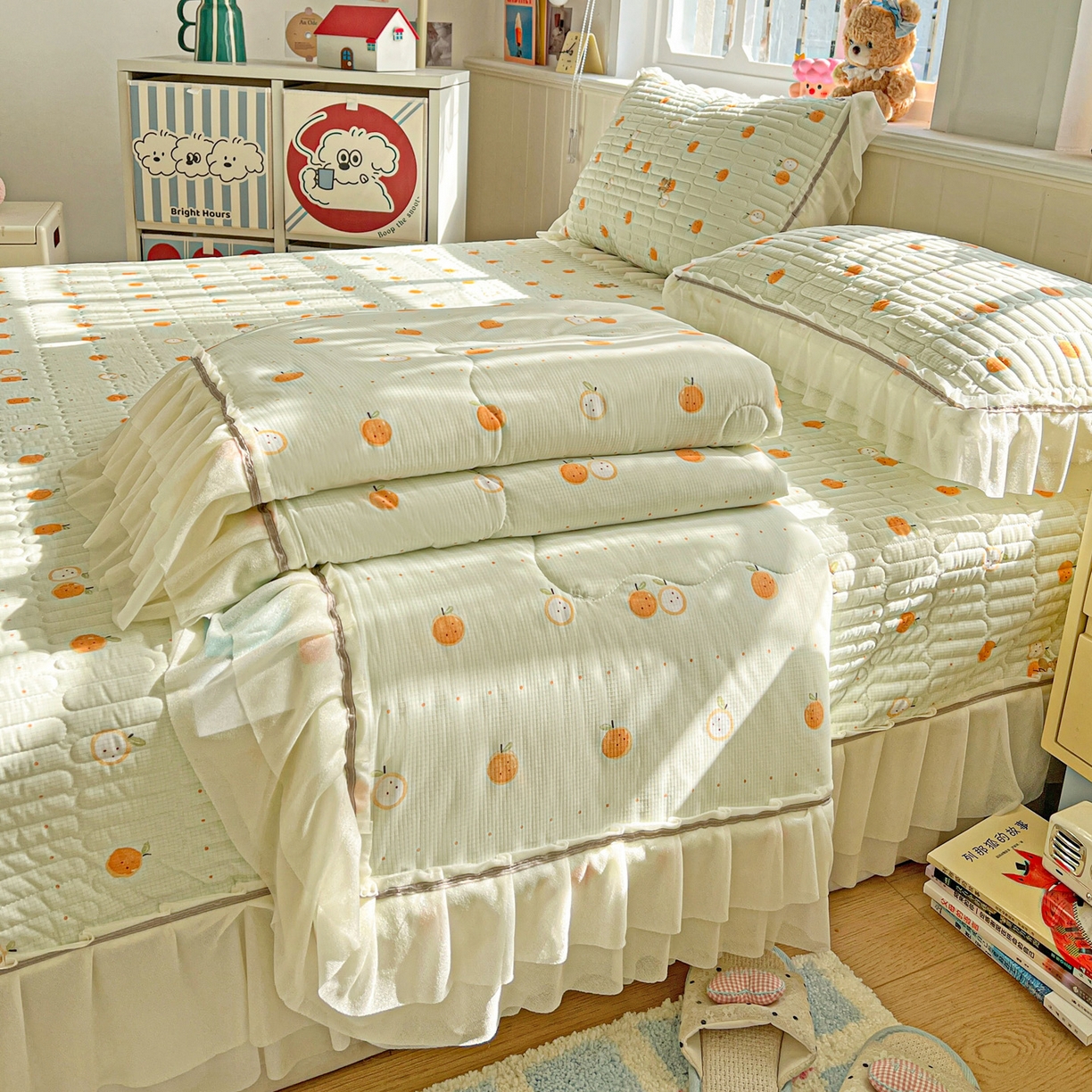 富米莱（原臻工厂） 2026新款高奢维密花边冰肤格凉感夏凉被床盖夏被四件套 夏被床盖-小蜜橘