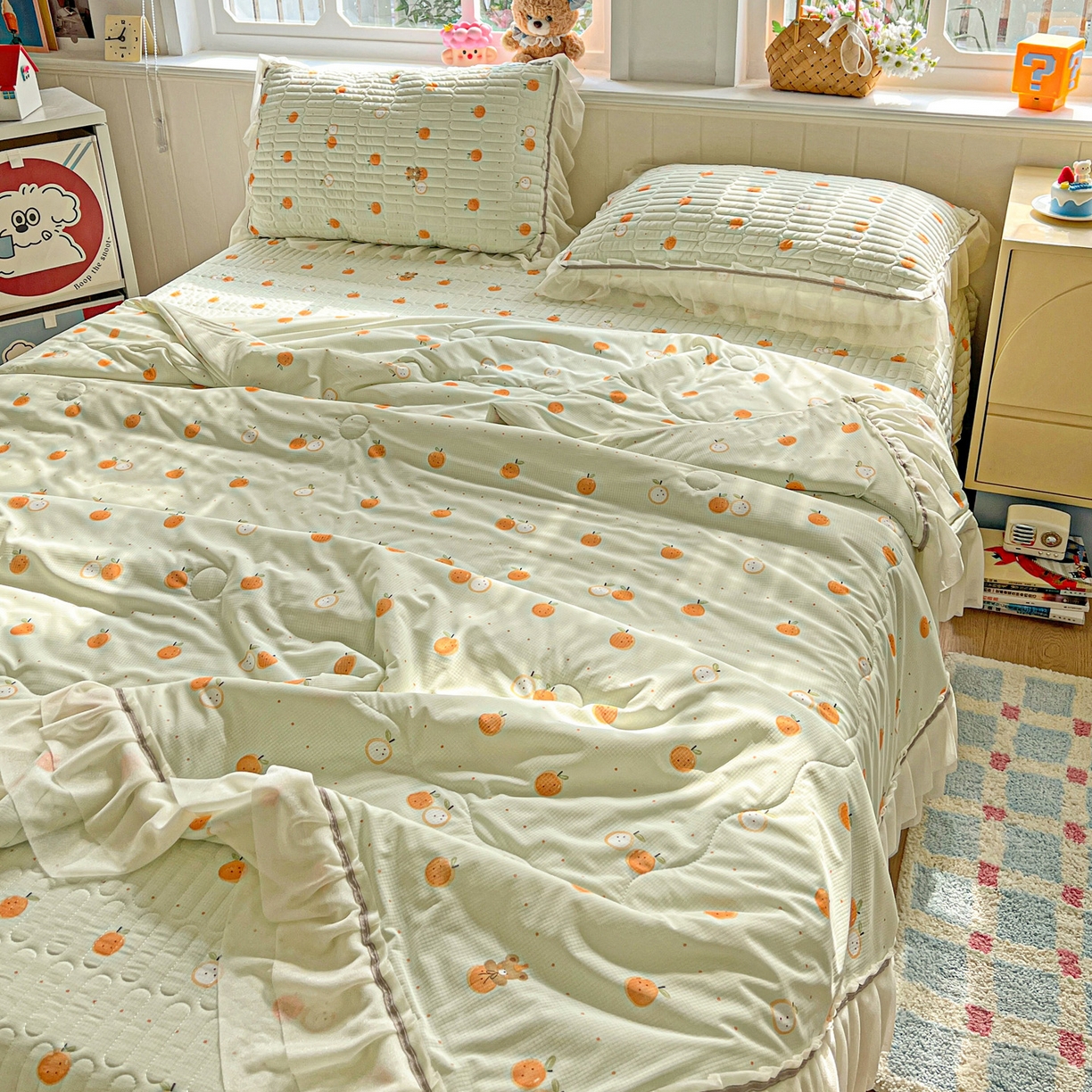 91家纺网 家纺一手货源 找家纺 富米莱（原臻工厂） 2026新款高奢维密花边冰肤格凉感夏凉被床盖夏被四件套 夏被床盖-小蜜橘