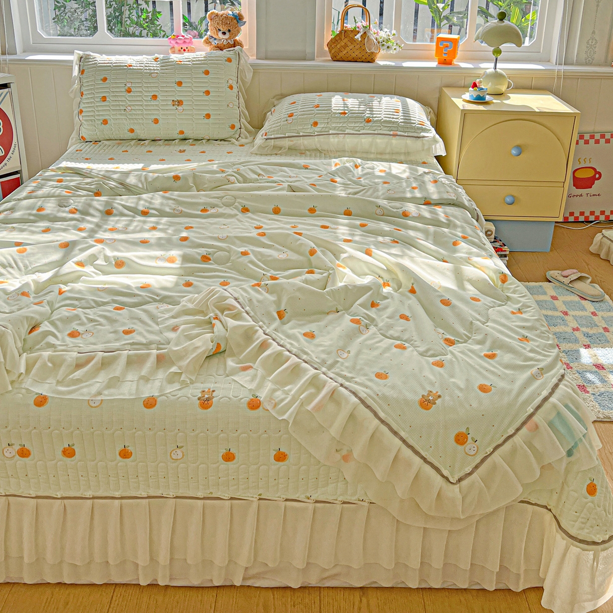 91家纺网 家纺一手货源 找家纺 富米莱（原臻工厂） 2026新款高奢维密花边冰肤格凉感夏凉被床盖夏被四件套 夏被床盖-小蜜橘