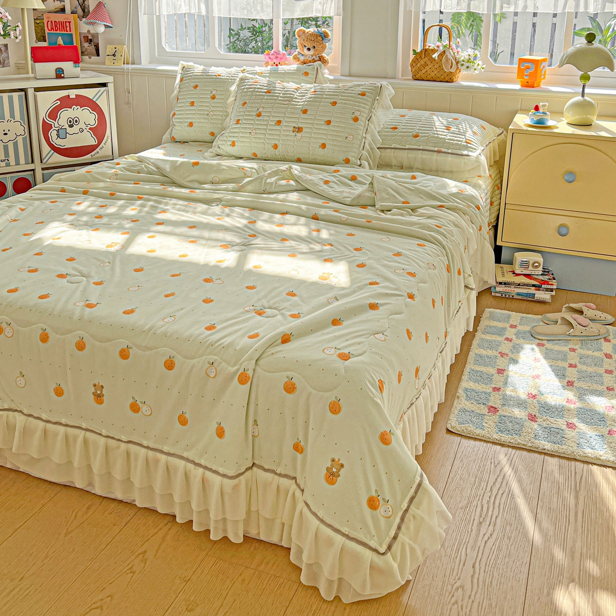 91家纺网 家纺一手货源 找家纺 富米莱（原臻工厂） 2026新款高奢维密花边冰肤格凉感夏凉被床盖夏被四件套 夏被床盖-小蜜橘