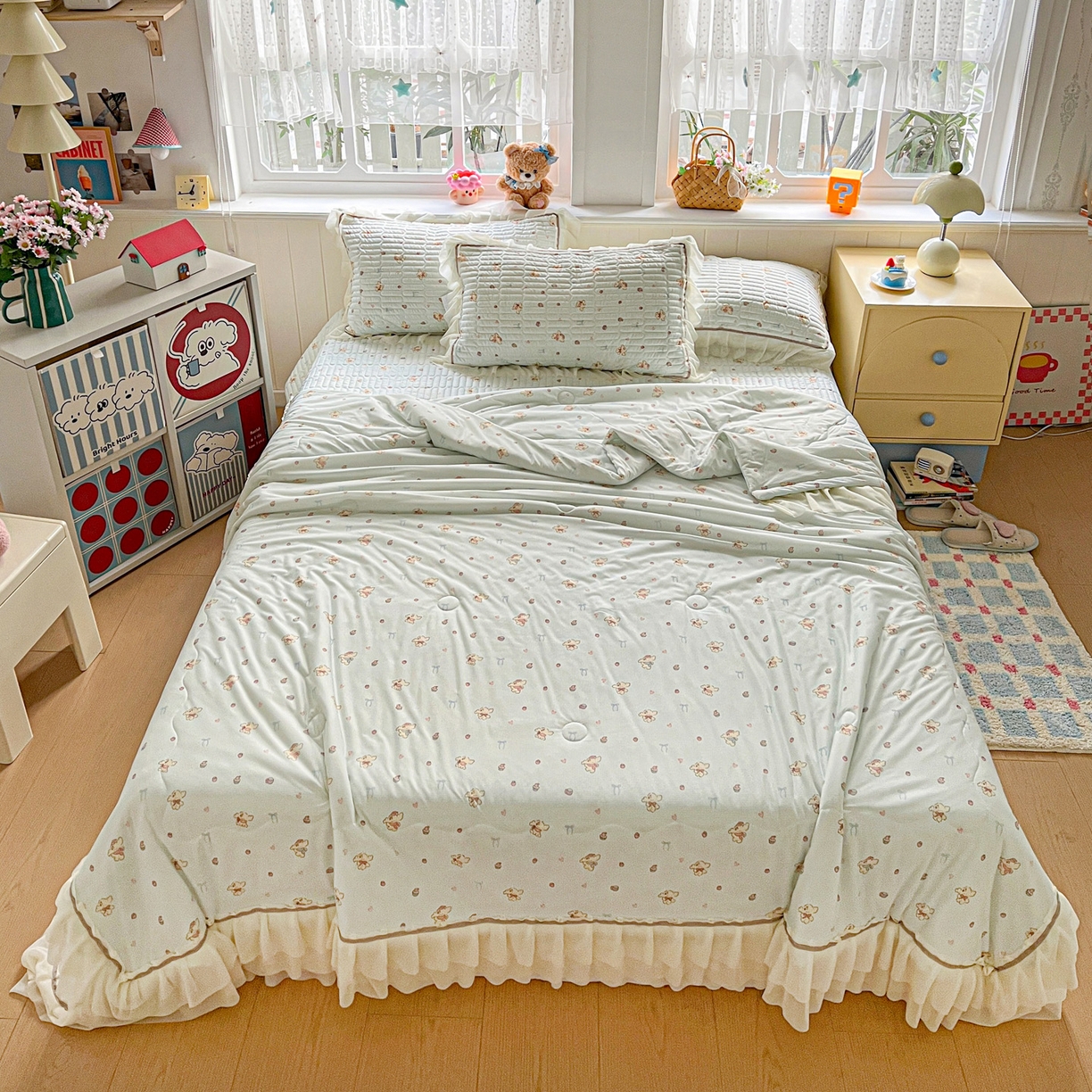 91家纺网 家纺一手货源 找家纺 富米莱（原臻工厂） 2026新款高奢维密花边冰肤格凉感夏凉被床盖夏被四件套 夏被床盖-熊来好运