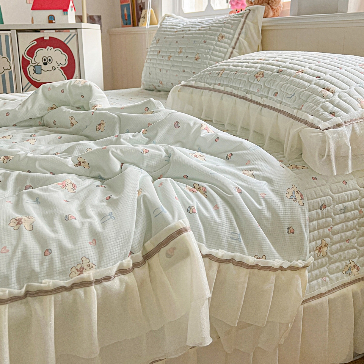 91家纺网 家纺一手货源 找家纺 富米莱（原臻工厂） 2026新款高奢维密花边冰肤格凉感夏凉被床盖夏被四件套 夏被床盖-熊来好运