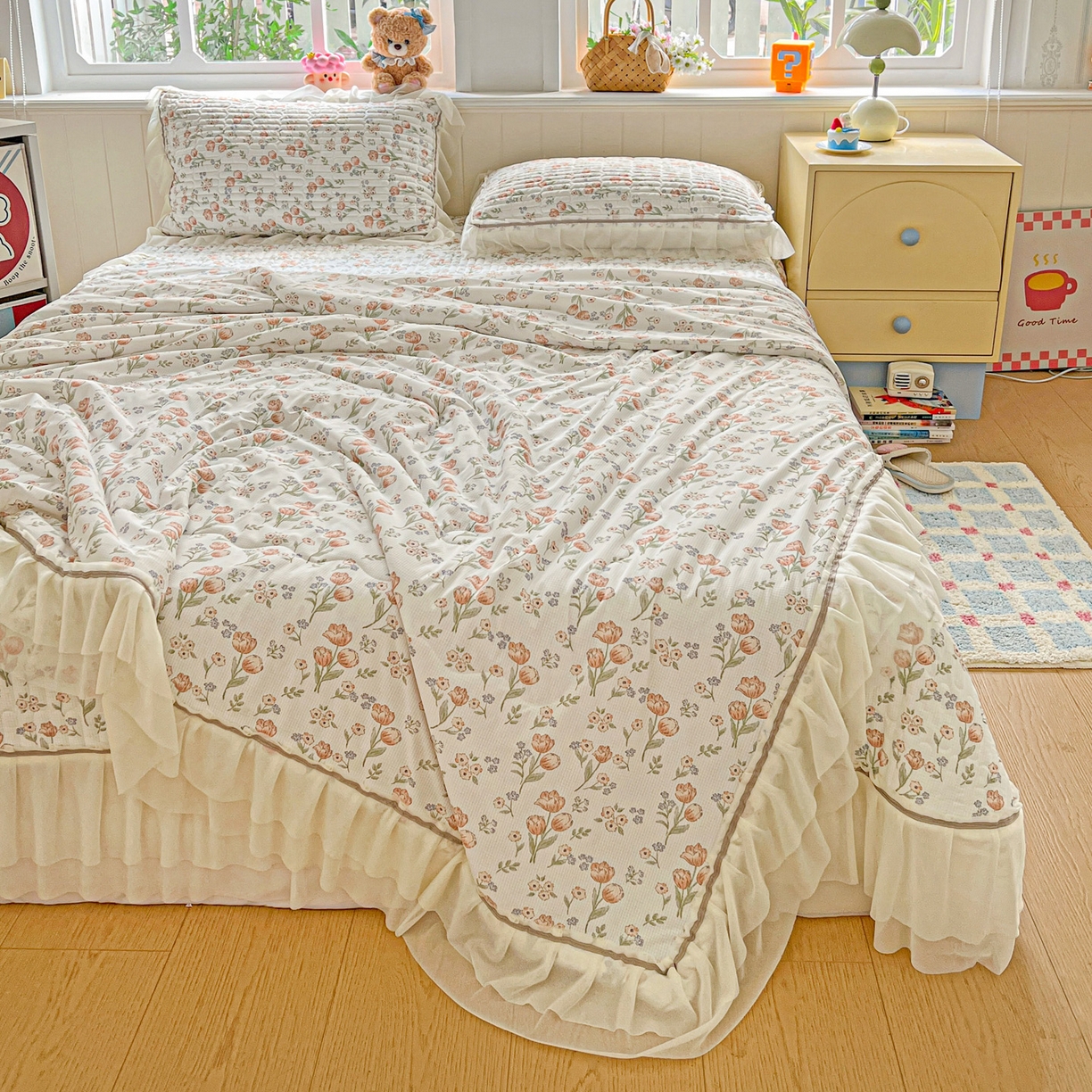 91家纺网 家纺一手货源 找家纺 富米莱（原臻工厂） 2026新款高奢维密花边冰肤格凉感夏凉被床盖夏被四件套 夏被床盖-郁金香