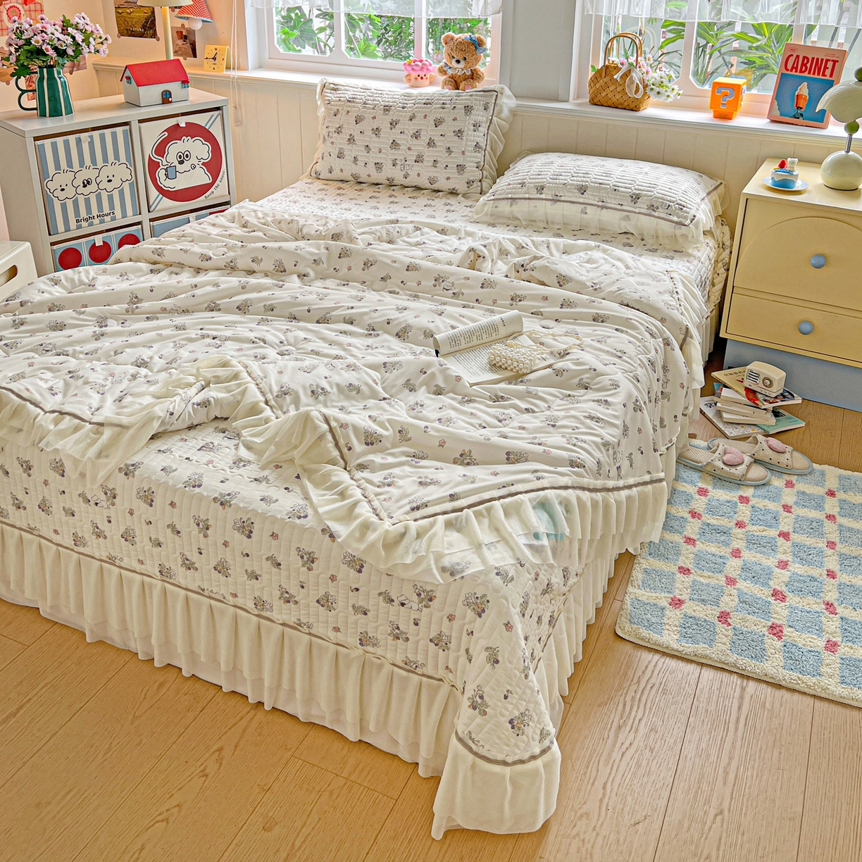 91家纺网 家纺一手货源 找家纺 富米莱（原臻工厂） 2026新款高奢维密花边冰肤格凉感夏凉被床盖夏被四件套 夏被床盖-紫花小猫