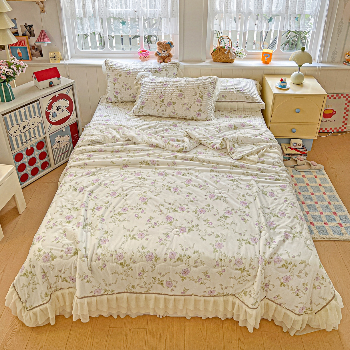 91家纺网 家纺一手货源 找家纺 富米莱（原臻工厂） 2026新款高奢维密花边冰肤格凉感夏凉被床盖夏被四件套 夏被床盖-紫雾花田