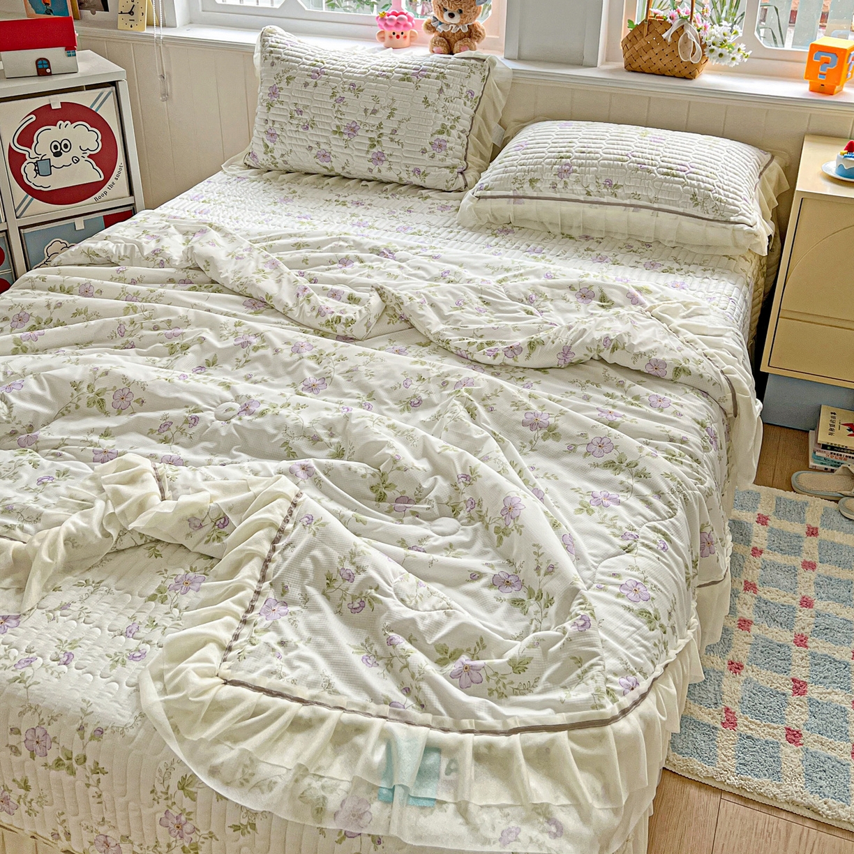 91家纺网 家纺一手货源 找家纺 富米莱（原臻工厂） 2026新款高奢维密花边冰肤格凉感夏凉被床盖夏被四件套 夏被床盖-紫雾花田