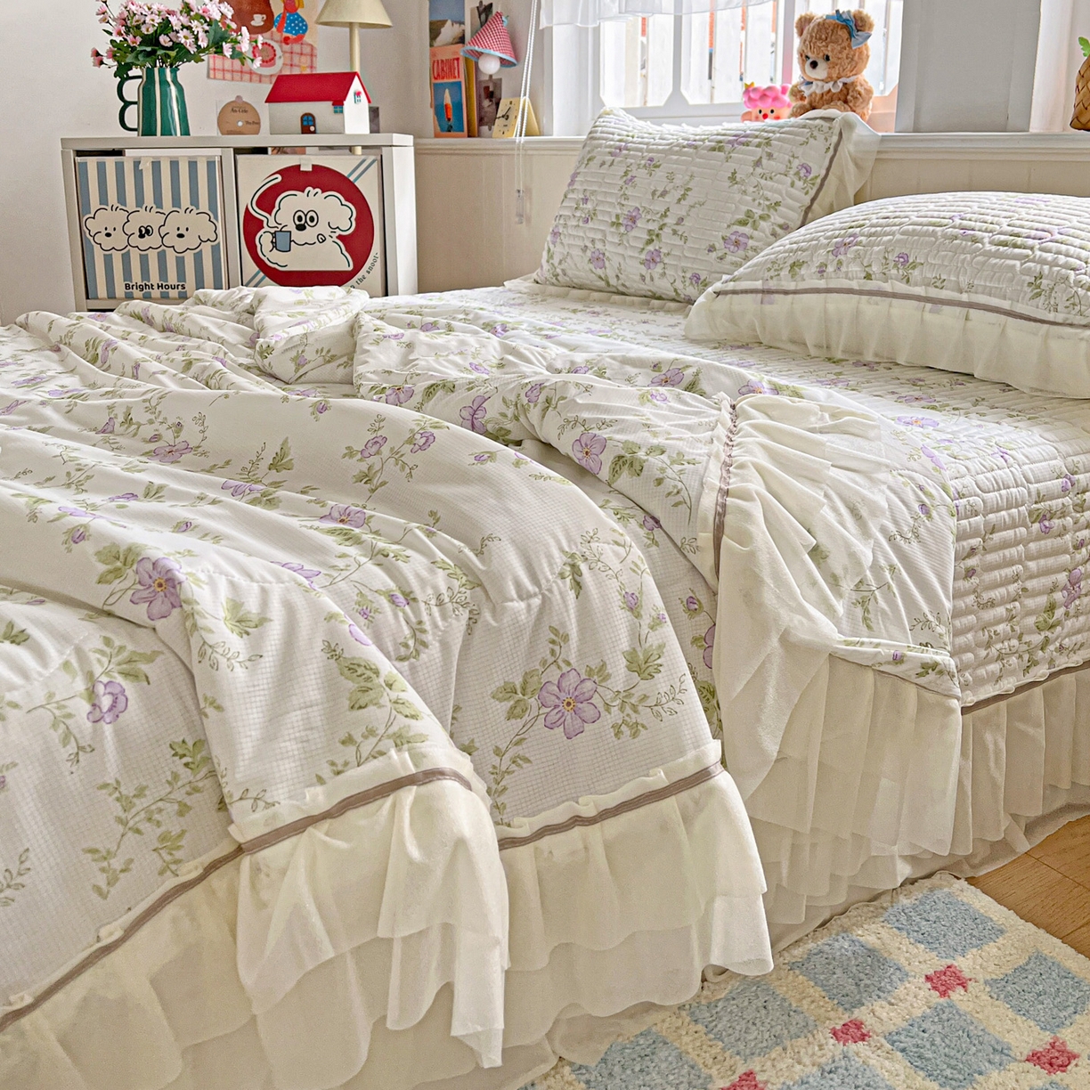 91家纺网 家纺一手货源 找家纺 富米莱（原臻工厂） 2026新款高奢维密花边冰肤格凉感夏凉被床盖夏被四件套 夏被床盖-紫雾花田