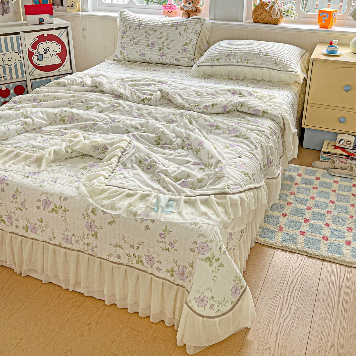 91家纺网 家纺一手货源 找家纺 富米莱（原臻工厂） 2026新款高奢维密花边冰肤格凉感夏凉被床盖夏被四件套 夏被床盖-紫雾花田