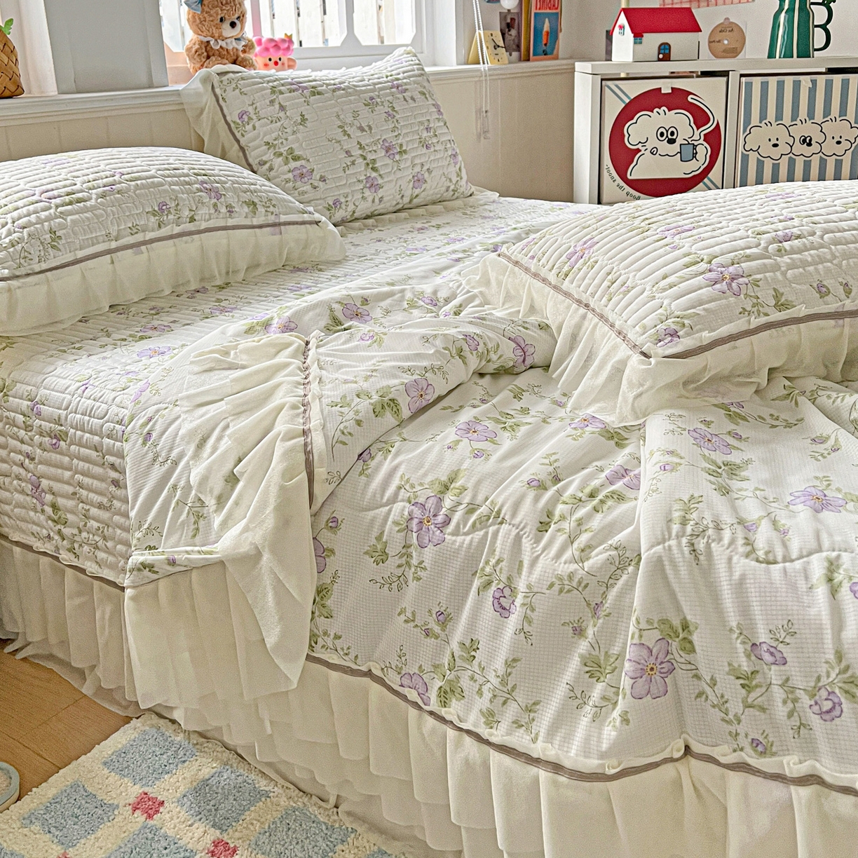 91家纺网 家纺一手货源 找家纺 富米莱（原臻工厂） 2026新款高奢维密花边冰肤格凉感夏凉被床盖夏被四件套 夏被床盖-紫雾花田