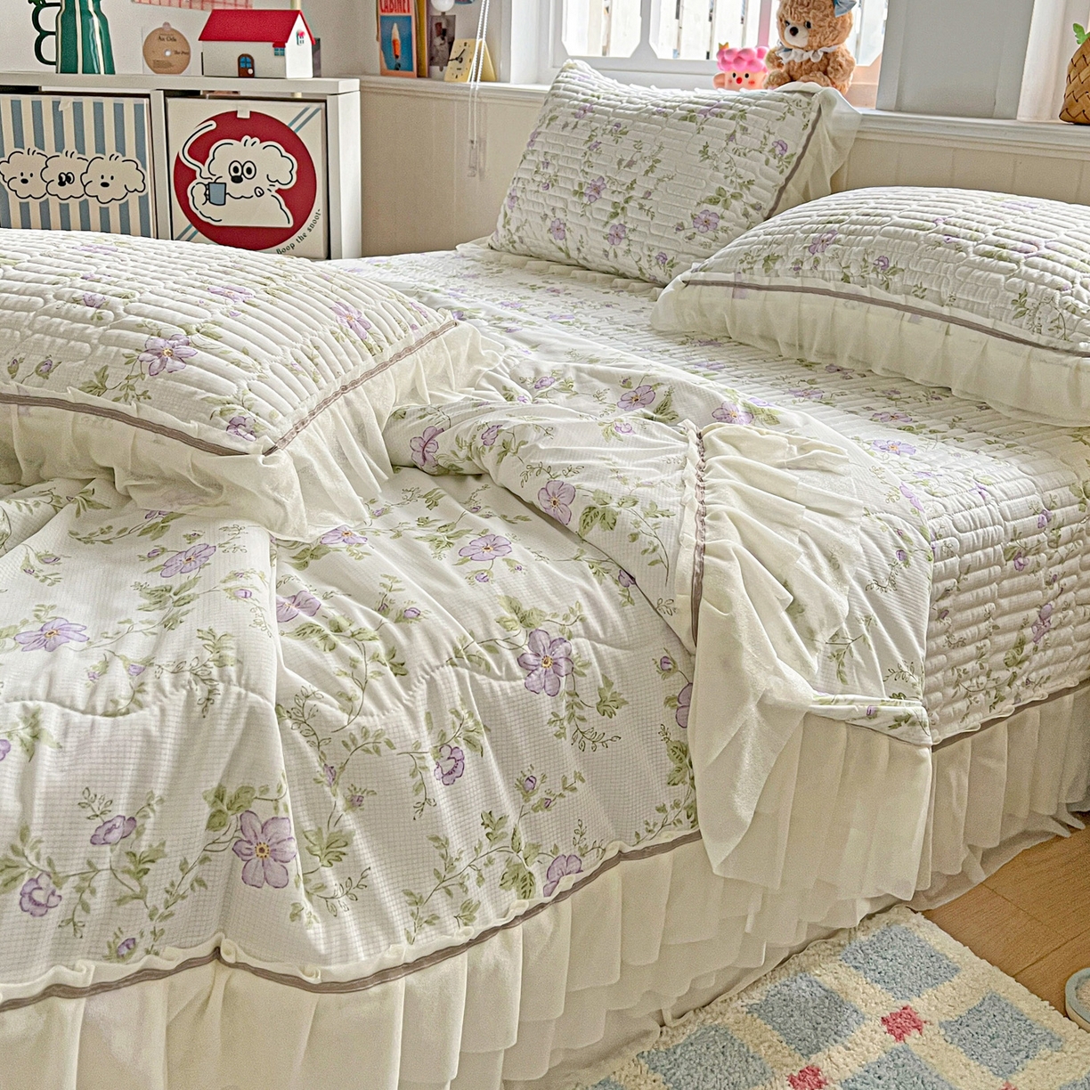 91家纺网 家纺一手货源 找家纺 富米莱（原臻工厂） 2026新款高奢维密花边冰肤格凉感夏凉被床盖夏被四件套 夏被床盖-紫雾花田