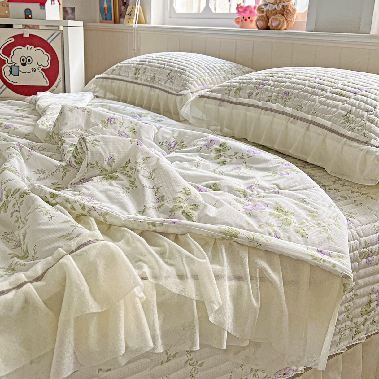 91家纺网 家纺一手货源 找家纺 富米莱（原臻工厂） 2026新款高奢维密花边冰肤格凉感夏凉被床盖夏被四件套 夏被床盖-紫雾花田