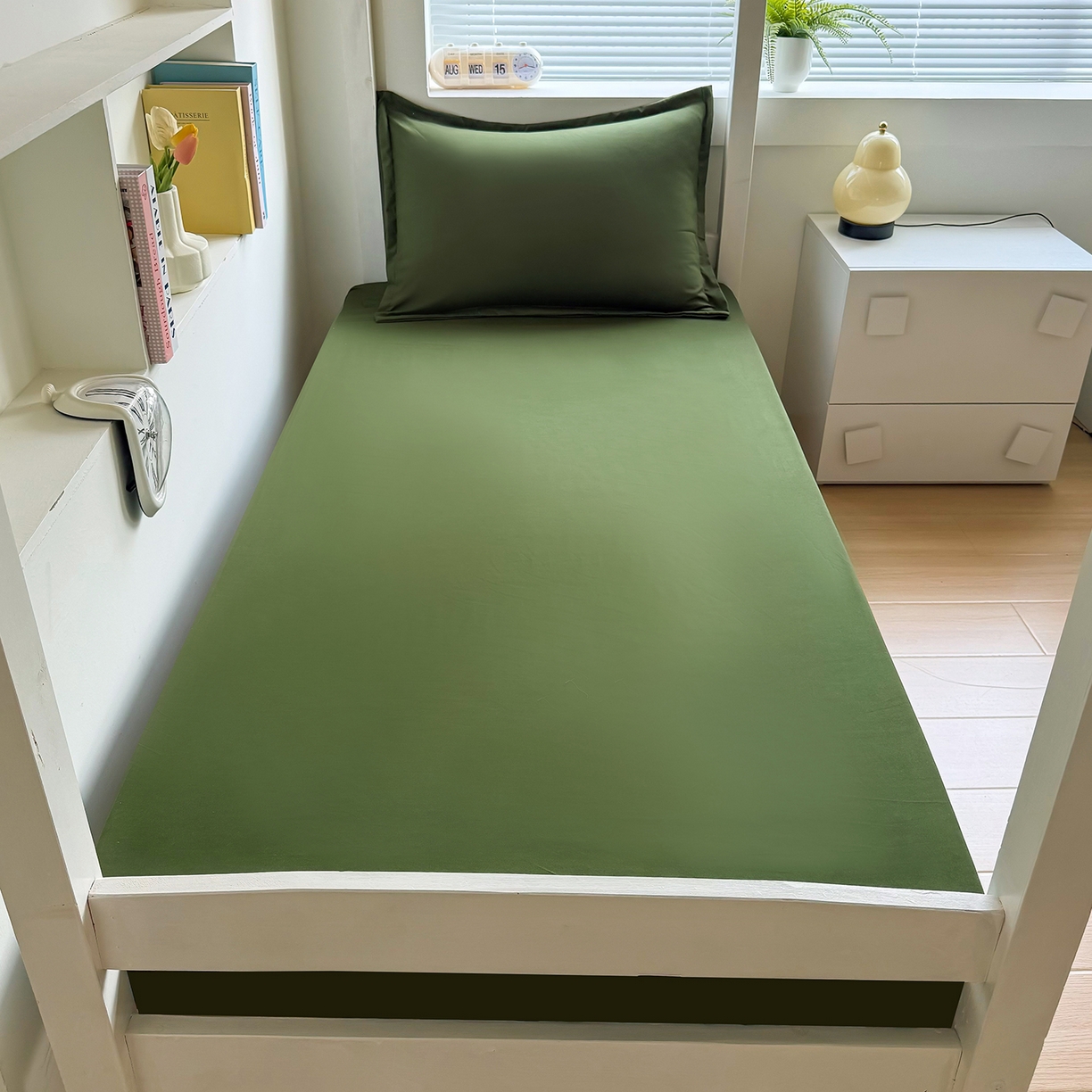 91家纺网 家纺一手货源 找家纺 茗婷家纺 2026新款纯棉学生宿舍上下铺床单款床笠款三件套四季款 军绿