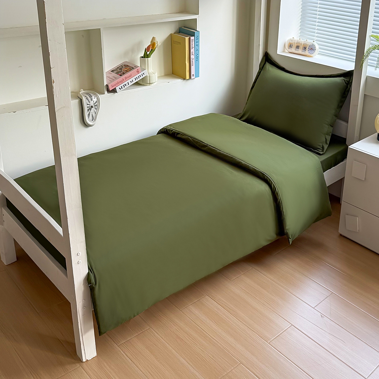 91家纺网 家纺一手货源 找家纺 茗婷家纺 2026新款纯棉学生宿舍上下铺床单款床笠款三件套四季款 军绿