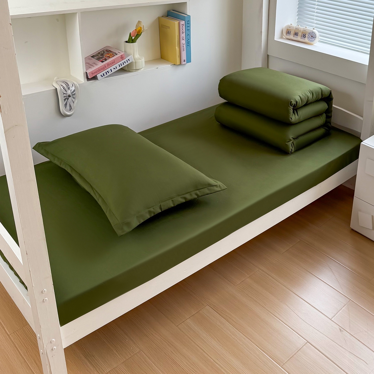 91家纺网 家纺一手货源 找家纺 茗婷家纺 2026新款纯棉学生宿舍上下铺床单款床笠款三件套四季款 军绿