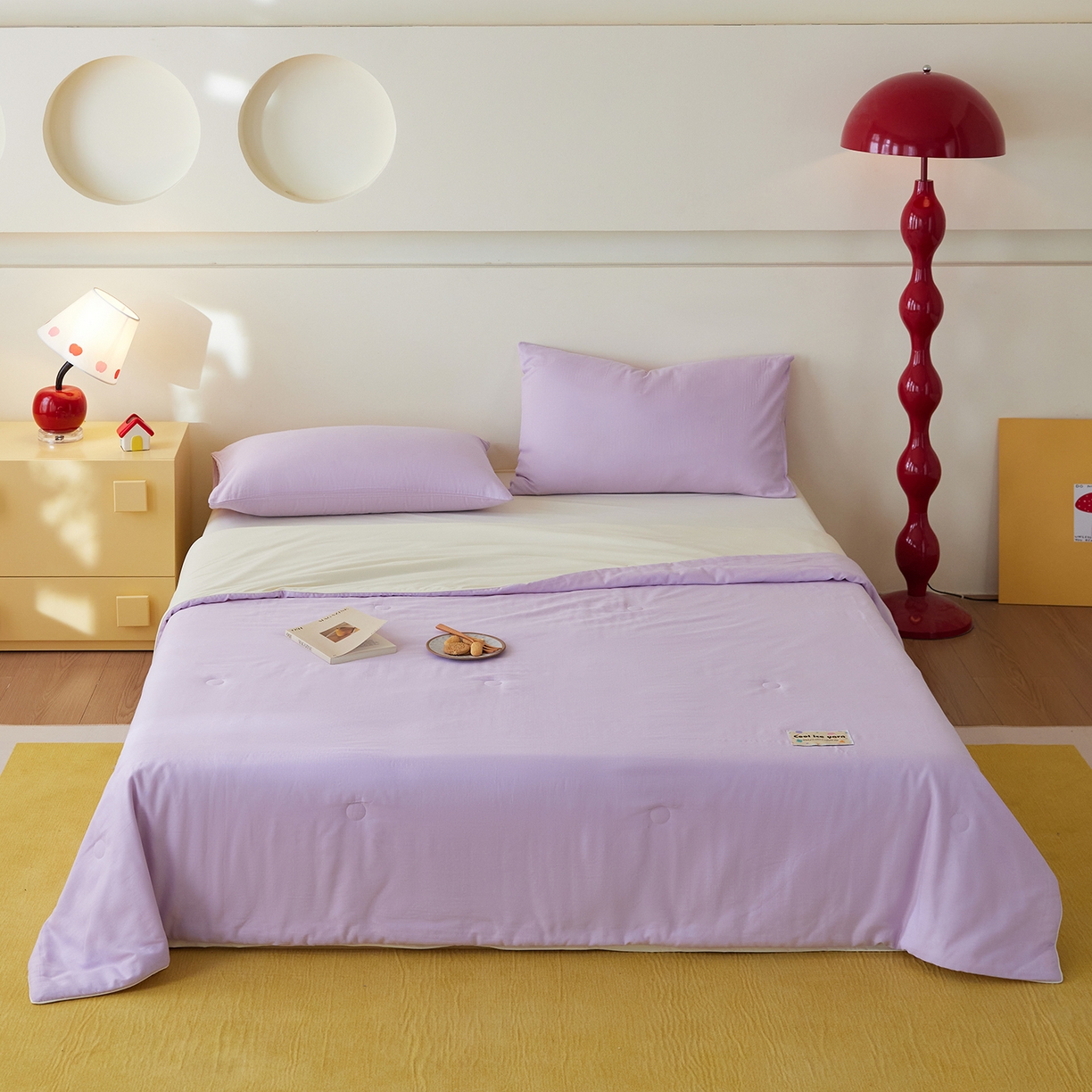 91家纺网 家纺一手货源 找家纺 莱宁被业 2026新款冰纱系列全棉双层纱锦氨凉感丝夏被 芋泥冰纱