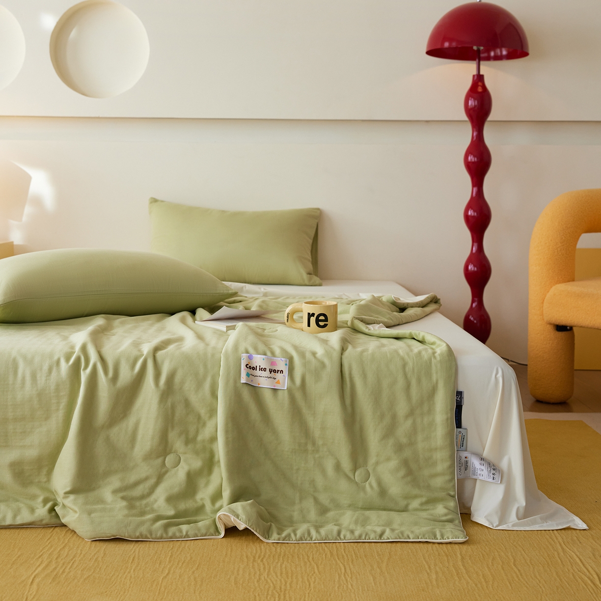 91家纺网 家纺一手货源 找家纺 莱宁被业 2026新款冰纱系列全棉双层纱锦氨凉感丝夏被 抹茶冰纱