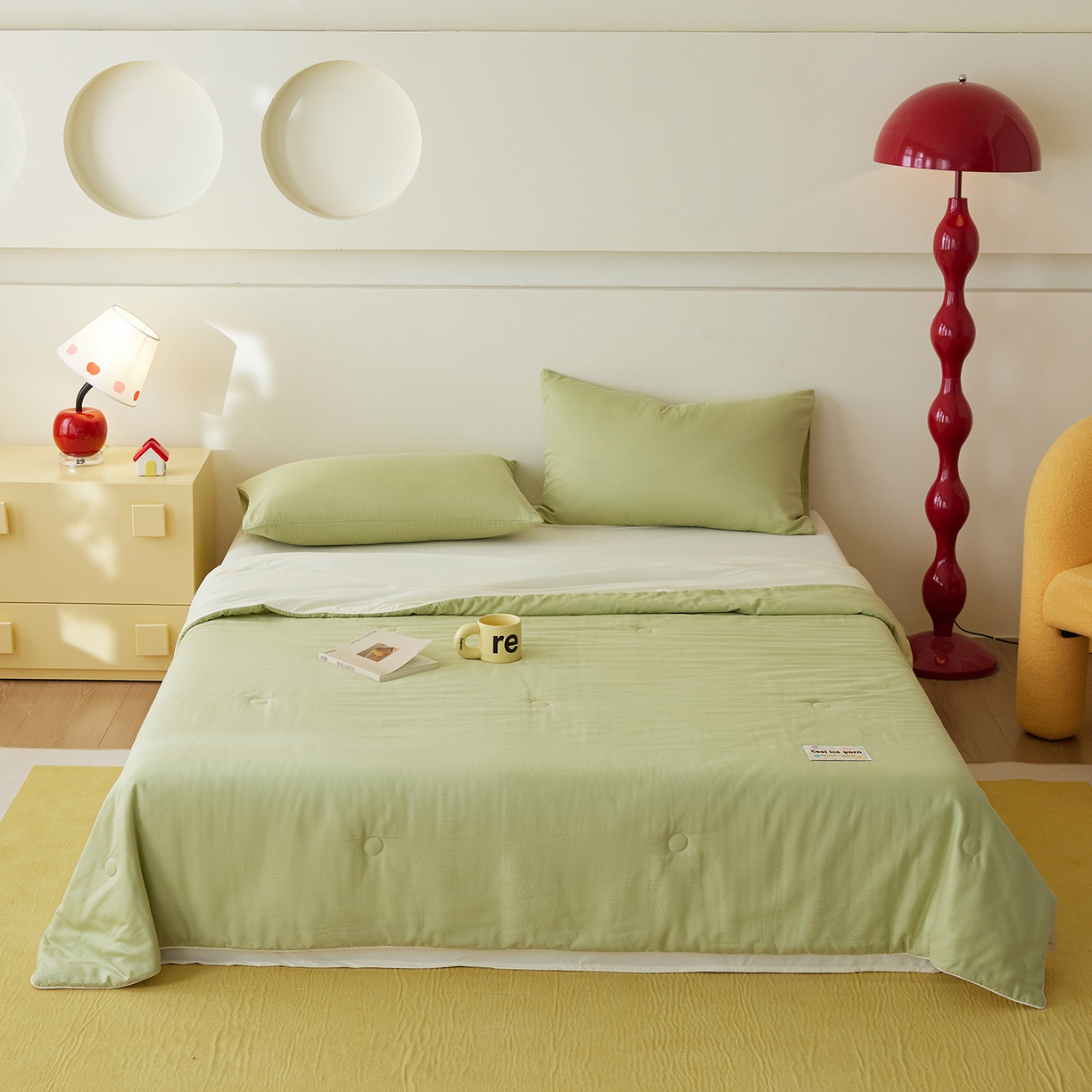 91家纺网 家纺一手货源 找家纺 莱宁被业 2026新款冰纱系列全棉双层纱锦氨凉感丝夏被 抹茶冰纱