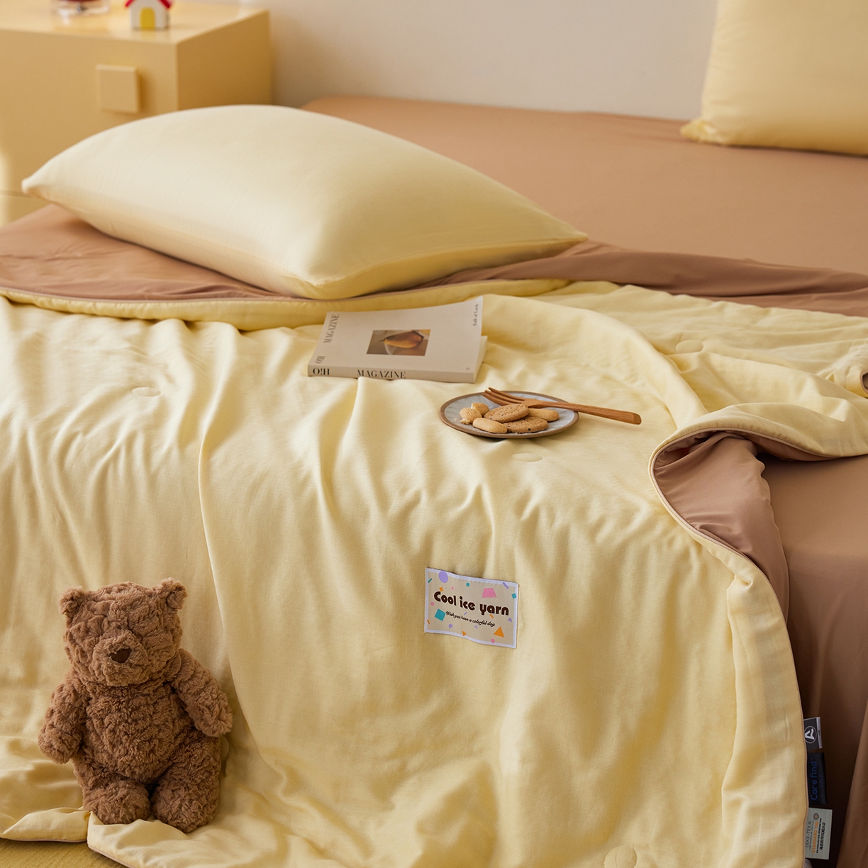 91家纺网 家纺一手货源 找家纺 莱宁被业 2026新款冰纱系列全棉双层纱锦氨凉感丝夏被 芒果可露丽