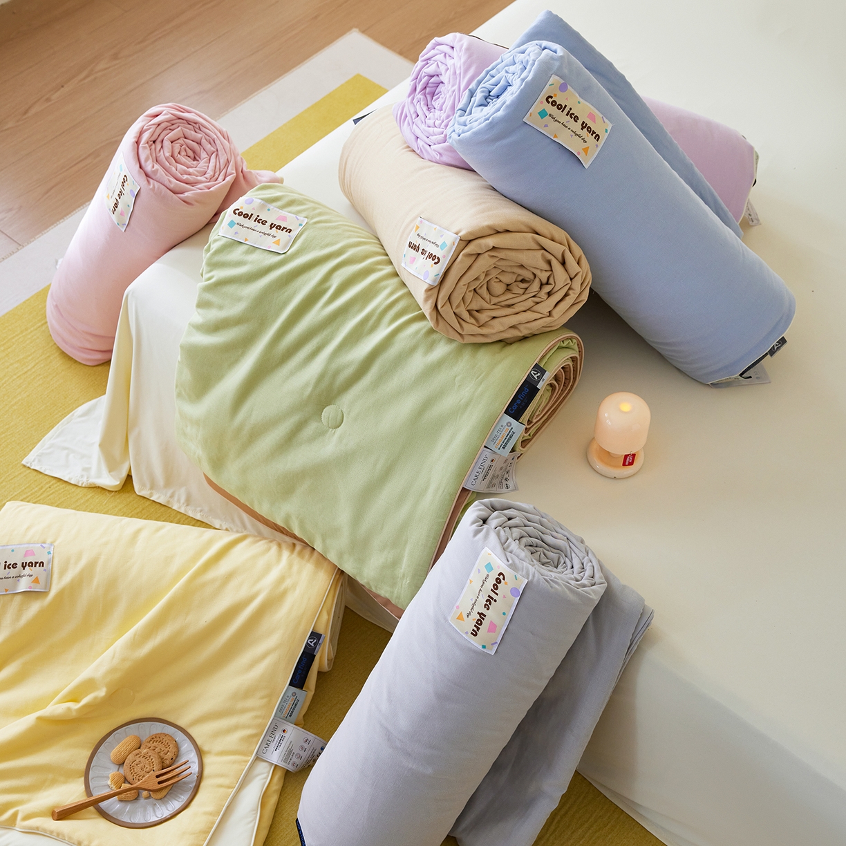 91家纺网 家纺一手货源 找家纺 莱宁被业 2026新款冰纱系列全棉双层纱锦氨凉感丝夏被 组合图