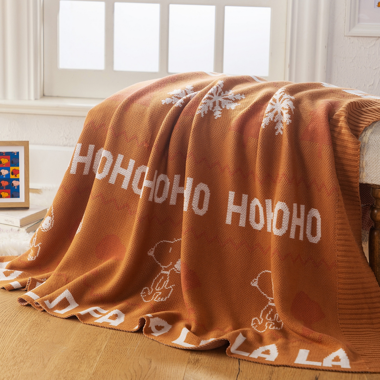 91家纺网 家纺一手货源 找家纺 苏艺针织史努比SNOOPY正版授权独家全棉针织多功能盖毯终端控价 史努比-红棕暖冬