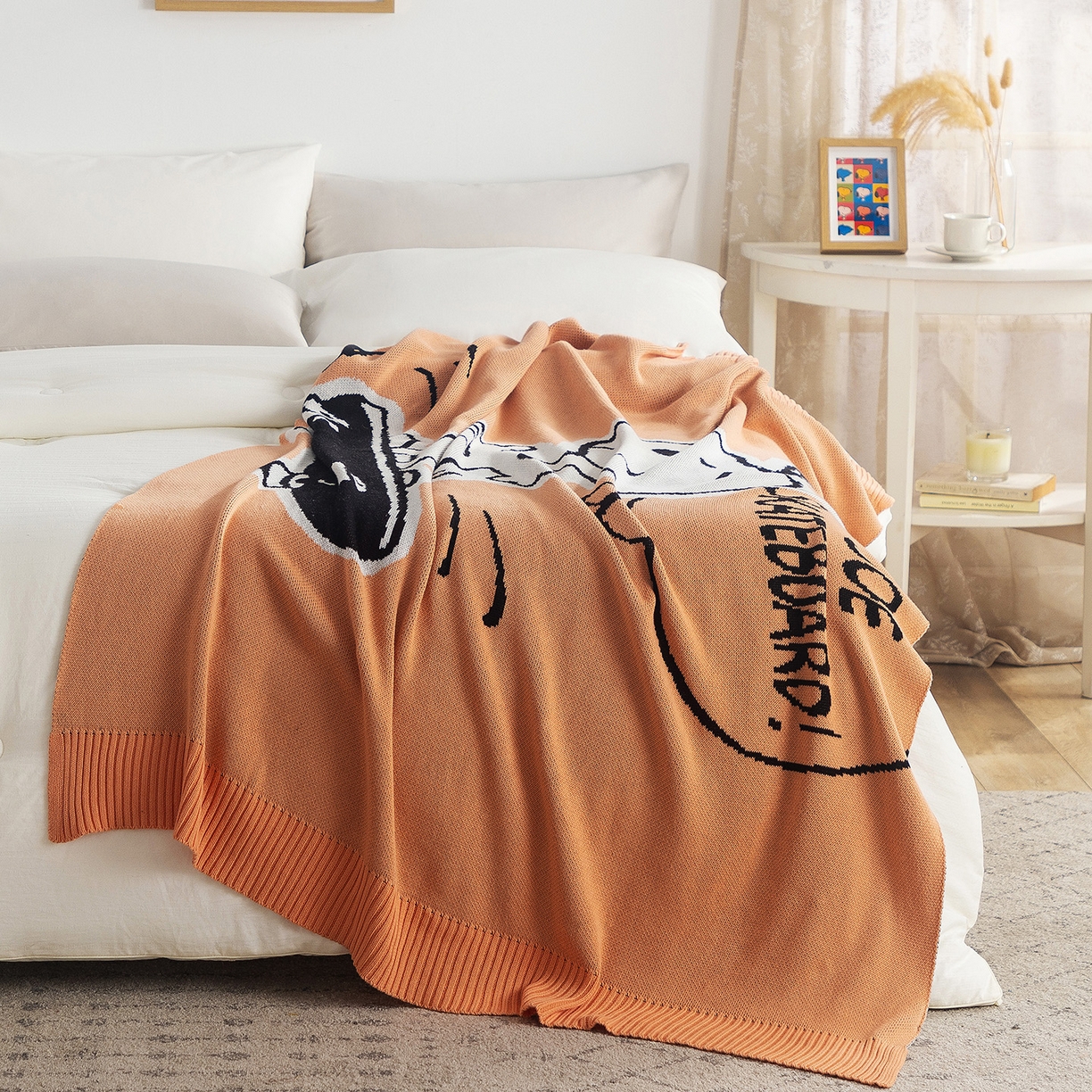 91家纺网 家纺一手货源 找家纺 苏艺针织史努比SNOOPY正版授权独家全棉针织多功能盖毯终端控价 史努比-滑板高手