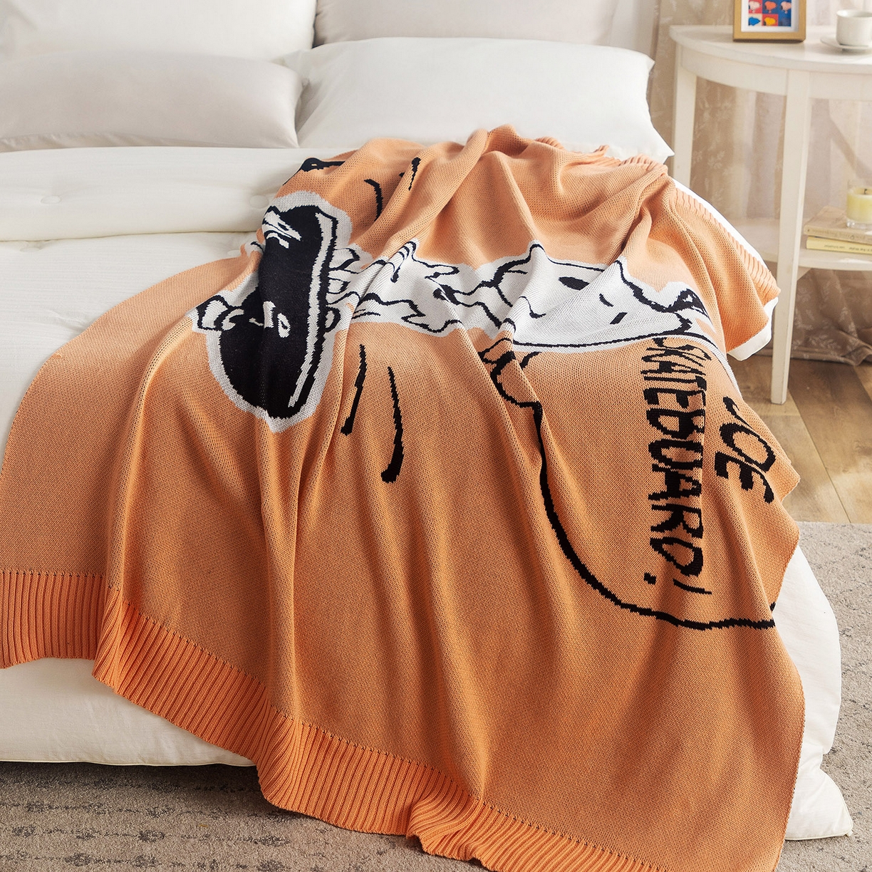 91家纺网 家纺一手货源 找家纺 苏艺针织史努比SNOOPY正版授权独家全棉针织多功能盖毯终端控价 史努比-滑板高手