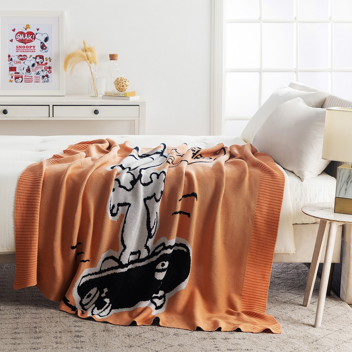 91家纺网 家纺一手货源 找家纺 苏艺针织史努比SNOOPY正版授权独家全棉针织多功能盖毯终端控价 史努比-滑板高手